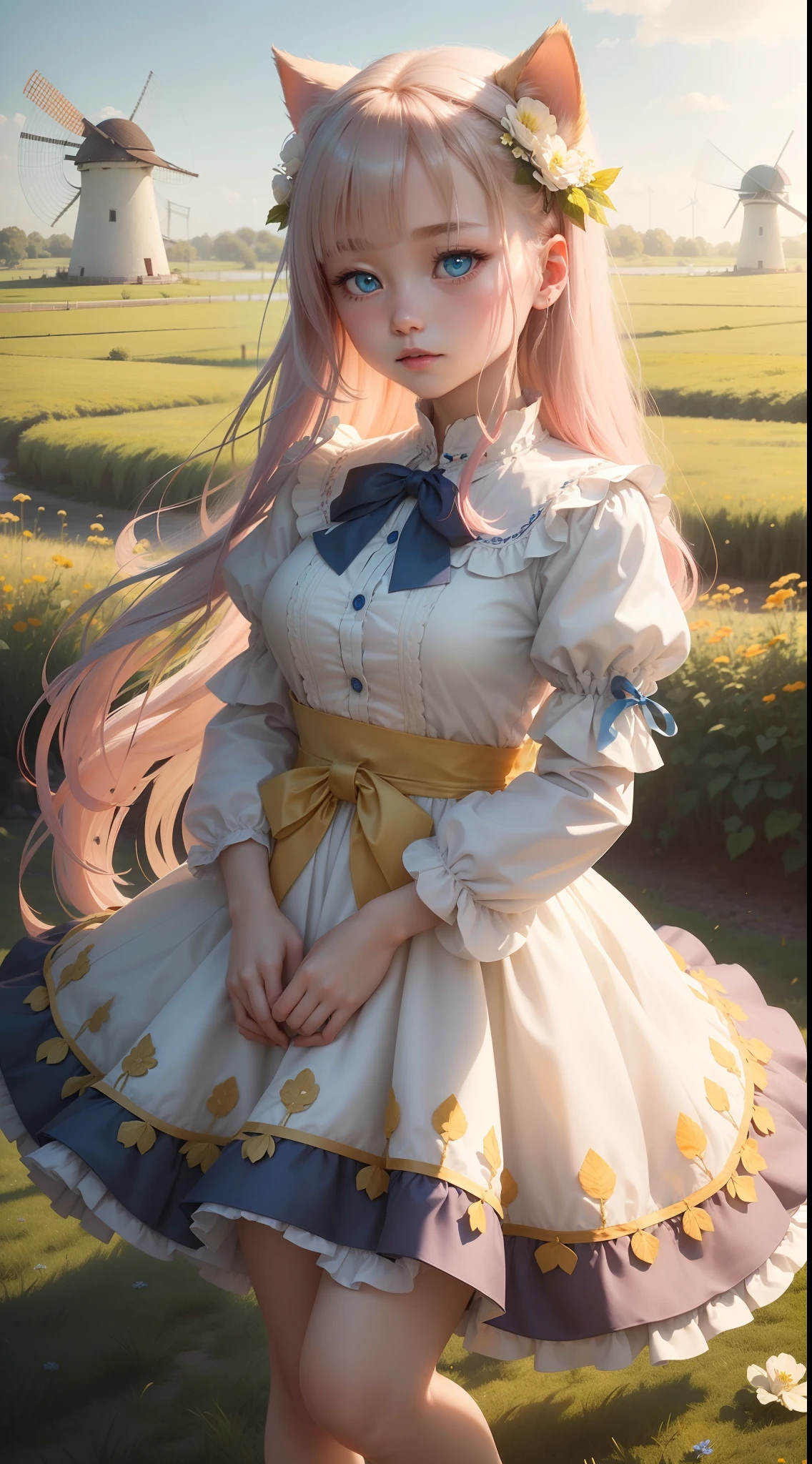 (((brightly)))'s(blue color eyes) girl,Fair skin((milkyW)of porcelain),(golden)The long hair was gently blown by the wind,Tassels scattered around{{Pink big breasts}}'s(Bow knot)Upp。She is wearing a(white colors)of dresses,Embroidered on the hem(Small blue flower),Feet are covered{brown pubic fur}Small leather shoes,Stepping on the soft one(green meadows)Upp。On her right side,an Quority(Orange-yellow)Kitten,He stared blankly at what was in her hand(Woody)of spinning windmills,The colorful blades on the windmill sparkle in the sun。