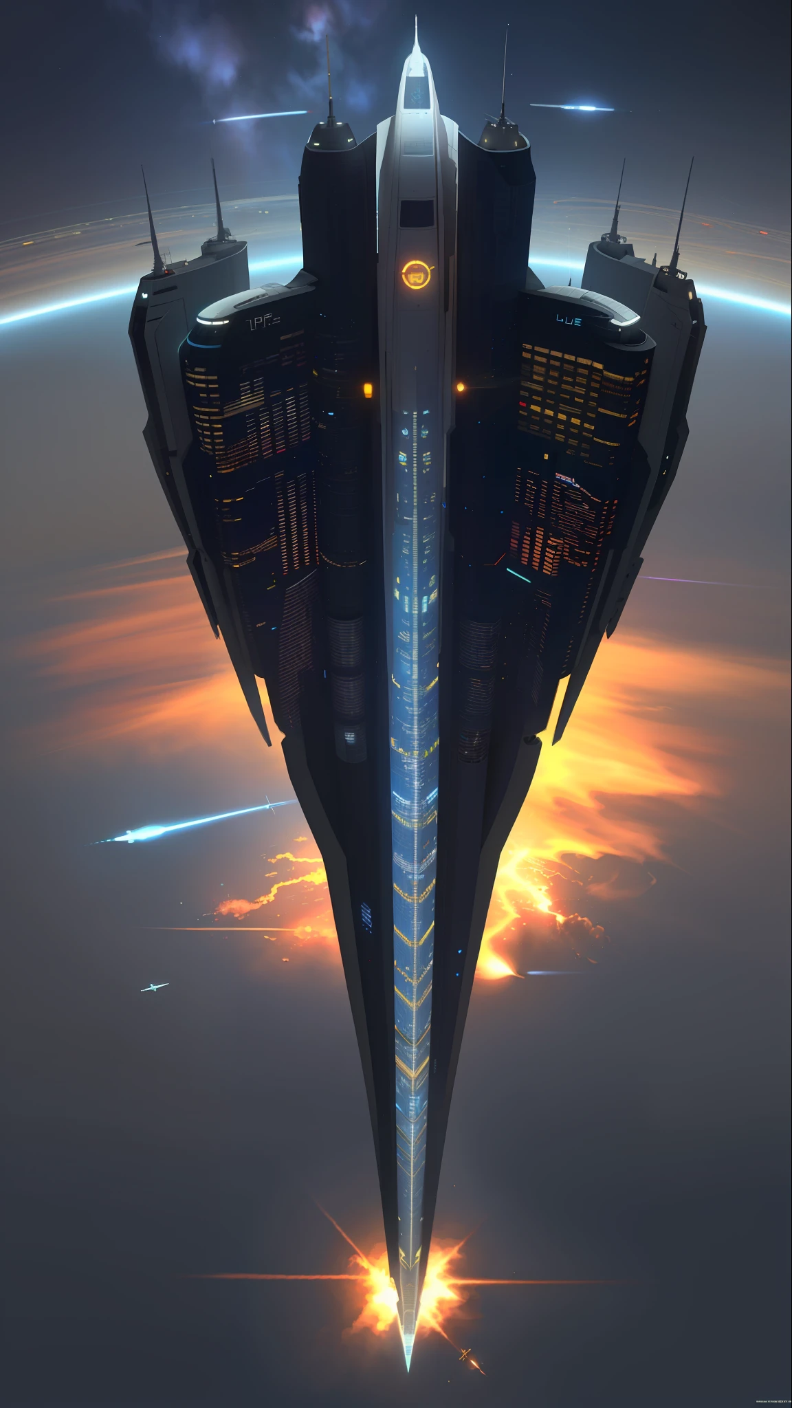 The future city, (Super detailed: 1.4), (Top view, Aerial Photography: 1.3), Cyberpunk, Light, Heavy fog, Multiple spaceships, Future technology spaceship, Future tech cars, Starry sky, CG style, HD wallpapers, CG art , 3D art, ultra-realistic realism, Photoreal...