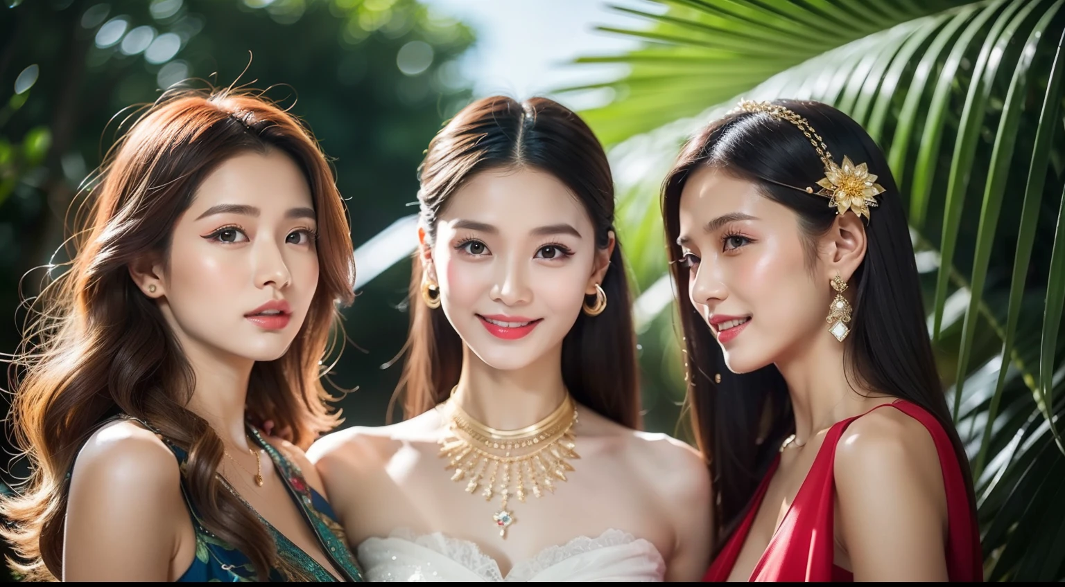 (8K分辨率,Faraway view,Photographs of legs),(Multiple women,20yr old,(The facial features of Thai Aump:1.8,Thin skeletal cheeks,s delicate face),com rosto detalhado,Lovely face,com rosto detalhado,详细的脸,Ultra-fine makeup,Black colored eyes,(Look in different directions),Long dark red hair,(Messy has layers),Redlip,Fair smooth skin,(Best Skin Type:1.21),mediuml breasts,((Thai evening dress:Siwalai,Delicate shawl straps,Luxurious ladies' tube dresses),A small number of flower hairpins,Luxurious necklaces and bracelets),Tall and tall,The action of flying kisses,perfect hand,Ultra-fine clothing material),(party,banquet,tropical trees,Flower wall,Exquisite environmental details),(exhilarated,confident smile,Rejoice,intimacy),(profesional lighting,动态照明),((The colors are relatively uniform,Noble sexy,vivaciousness,rays of sunshine(golden colored,red colour,in pink))),(Golden section,Cinema lenses,Dynamic shots,Hasselblad photograp,tmasterpiece:1.3),(adolable,rays of sunshine,vivaciousness,mistic,Raised sexy,Little woman,trendsetting,Folklore,Artis,Art platform)