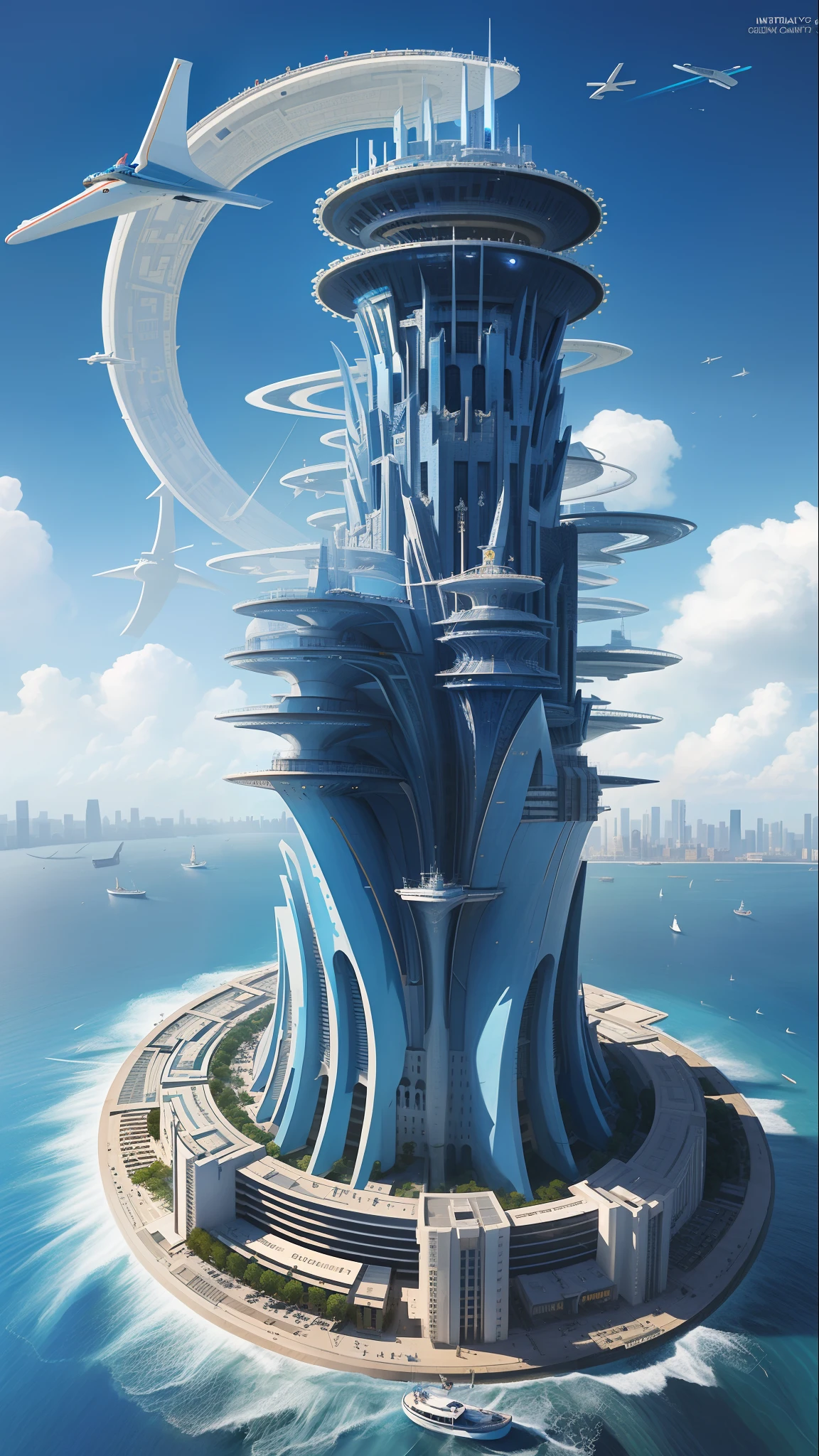 Aerial view, Architectural city stacked on giant towers and rings，There are many arches and a sci-fi glass cathedral with flying buttresses,   Blue stained glass, Many boats and boats, A matte painting by James Gurney, trending on CGSociety, Supersaturation, Supergianthugebreasts ...