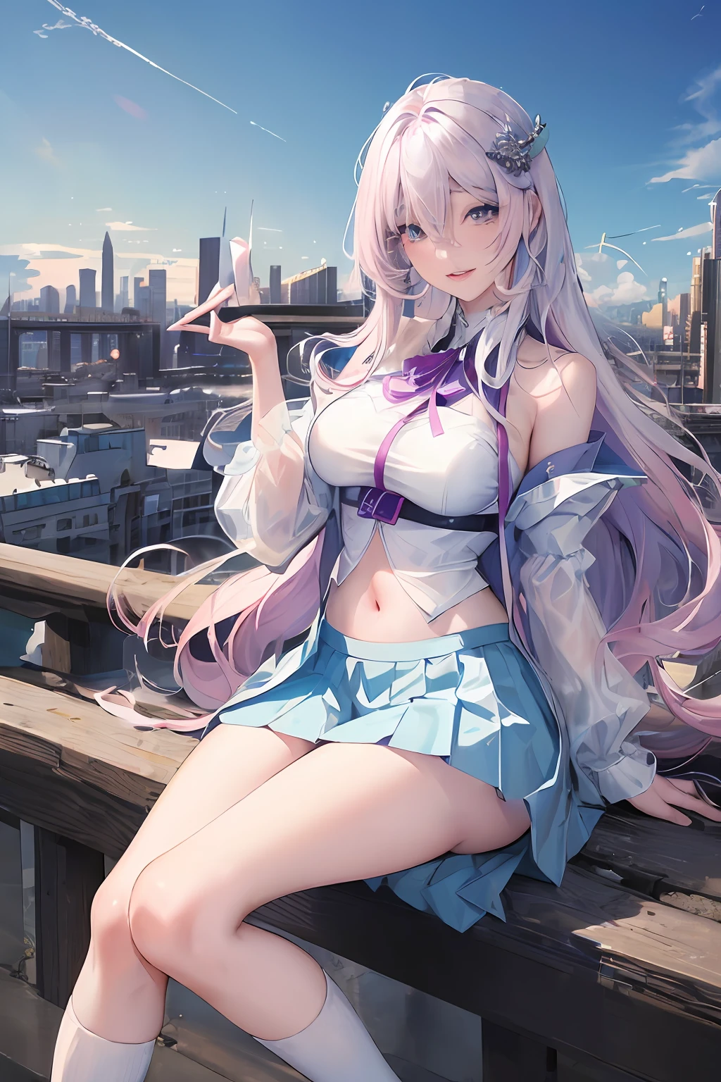 official art, masterpiece, sharp focus, (beautiful gorgeous cute Korean woman:1.3), (beautiful cute korean:1.3), korean beauty, Delicate and beautiful hair and eyes and face, realistic, ultra detailed, beautiful girl, blue sky, glow white particle, (sidelighting:1.2), sun light, white cloud, detailed clouds, slender, Lovely very large breasts and very large hips, smile with teeth, ((smile with eyes, open both eyes)), scenery, long straight hair, sexy facial expression, building, (cityscape:1.7), dynamic hair, long straight hair, detailed platinum pink hair, glow blue eyes, (blue pleated shirts + white skirt), white long socks, pale skin, hair ornament, epic scenery,
