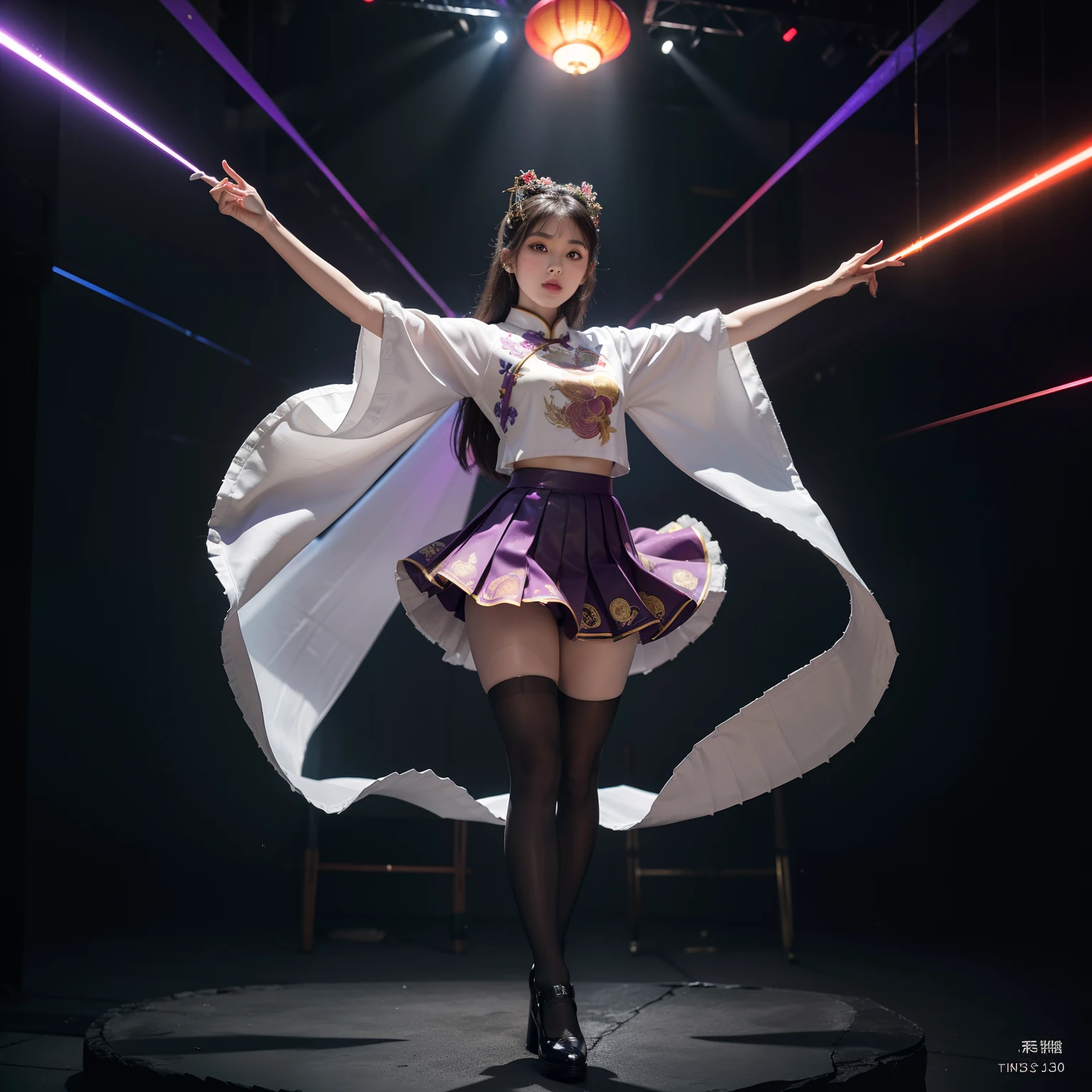 (full body:1.5),(1girl:1.3),(view the viewer:1.4),(anatomy correct:1.45),(Dancing on high mountain peaks:1.3),(very thick printed pantyhose:1.4),( Chinese woman Wear printed fantasy the Soviet Union style JK student uniform pleated skirt and uniform pointed high-heeled leather shoes :1.35), (Light particle effect:1.3),(In pink | amarelo | blue colors| green color |red color | white colors| black in color| purplish color| greys| Beige| Flesh color 1.4),(Glowing eyes:1.3),(Large amplitude action: 1.3),(Accurate and perfect face:1.4),hyper HD, Ray traching, reflective light,structurally correct, Award-Awarded, high detail, lighten shade contrast, Face lighting,cinmatic lighting, tmasterpiece, super detailing, high quality, high detail, best quality, 16k,High contrast,