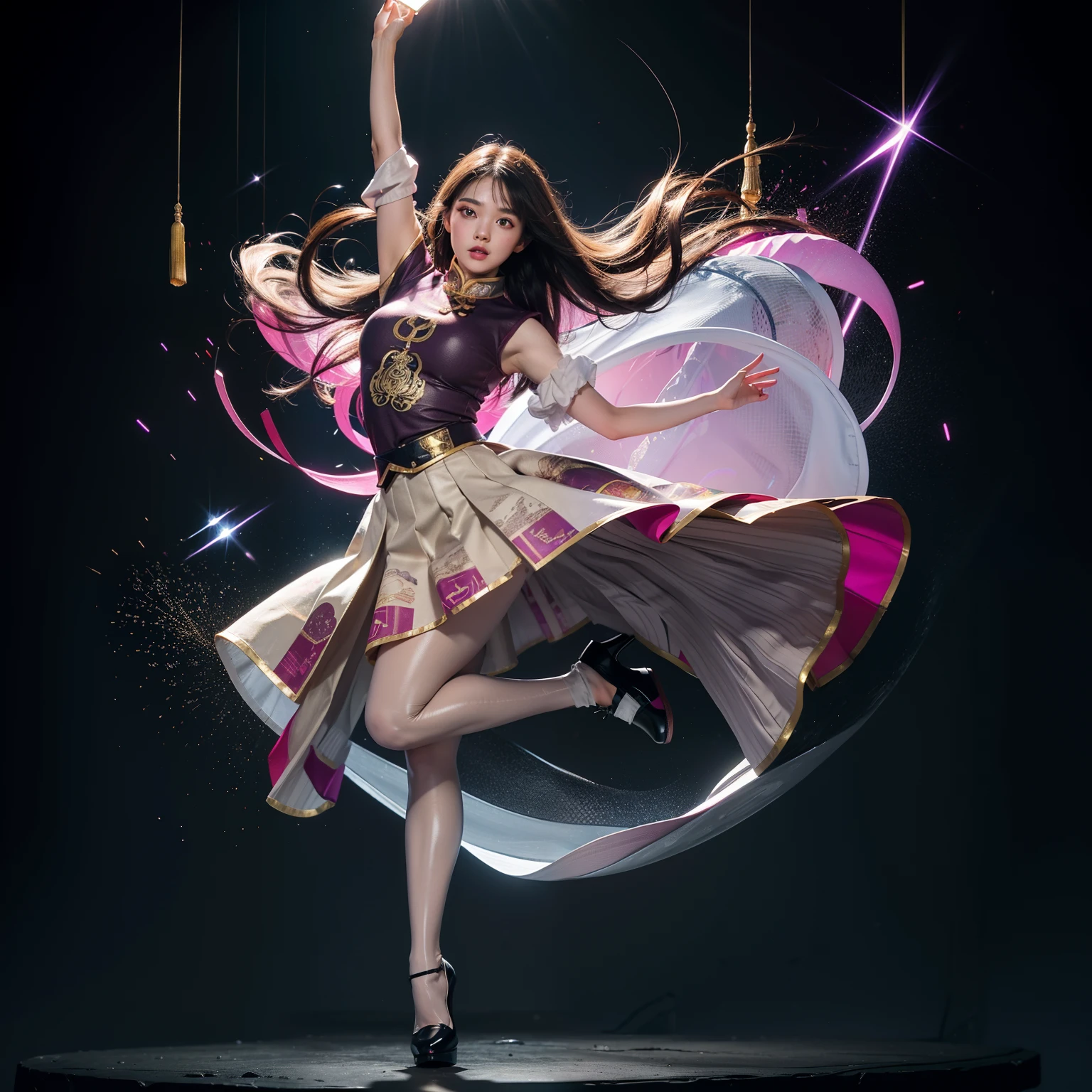(full body:1.5),(1girl:1.3),(view the viewer:1.4),(anatomy correct:1.45),(Dancing on high mountain peaks:1.3),(very thick printed pantyhose:1.4),( Chinese woman Wear printed fantasy the Soviet Union style JK student uniform pleated skirt and uniform pointed high-heeled leather shoes :1.35), (Light particle effect:1.3),(In pink | amarelo | blue colors| green color |red color | white colors| black in color| purplish color| greys| Beige| Flesh color 1.4),(Glowing eyes:1.3),(Large amplitude action: 1.3),(Accurate and perfect face:1.4),hyper HD, Ray traching, reflective light,structurally correct, Award-Awarded, high detail, lighten shade contrast, Face lighting,cinmatic lighting, tmasterpiece, super detailing, high quality, high detail, best quality, 16k,High contrast,