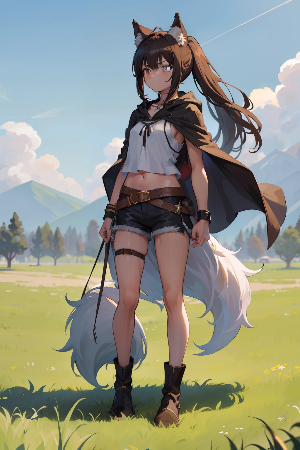Wolf Girl
Master works，8K分辨率，depth of fields，Faraway view，Full body shot，Full Body Photo，(exquisite facial features)，s the perfect face，Glowing skin，Kizi，16 yaers old，Wolf ears，Heterochromic pupils，Hair over the shoulder，Brown hair，slanted bangs，Split ponytail，Messy hair，Wristbands，Tattered white V-neck short vest，Open navel，Tattered gray hooded cape，Open the cloak，Black hot pants with white fluff，Brown belt，Leather ankle boots，Brown wolf tail，Weapon in hand，grass field，Fast running stance，eventide，natural soft light