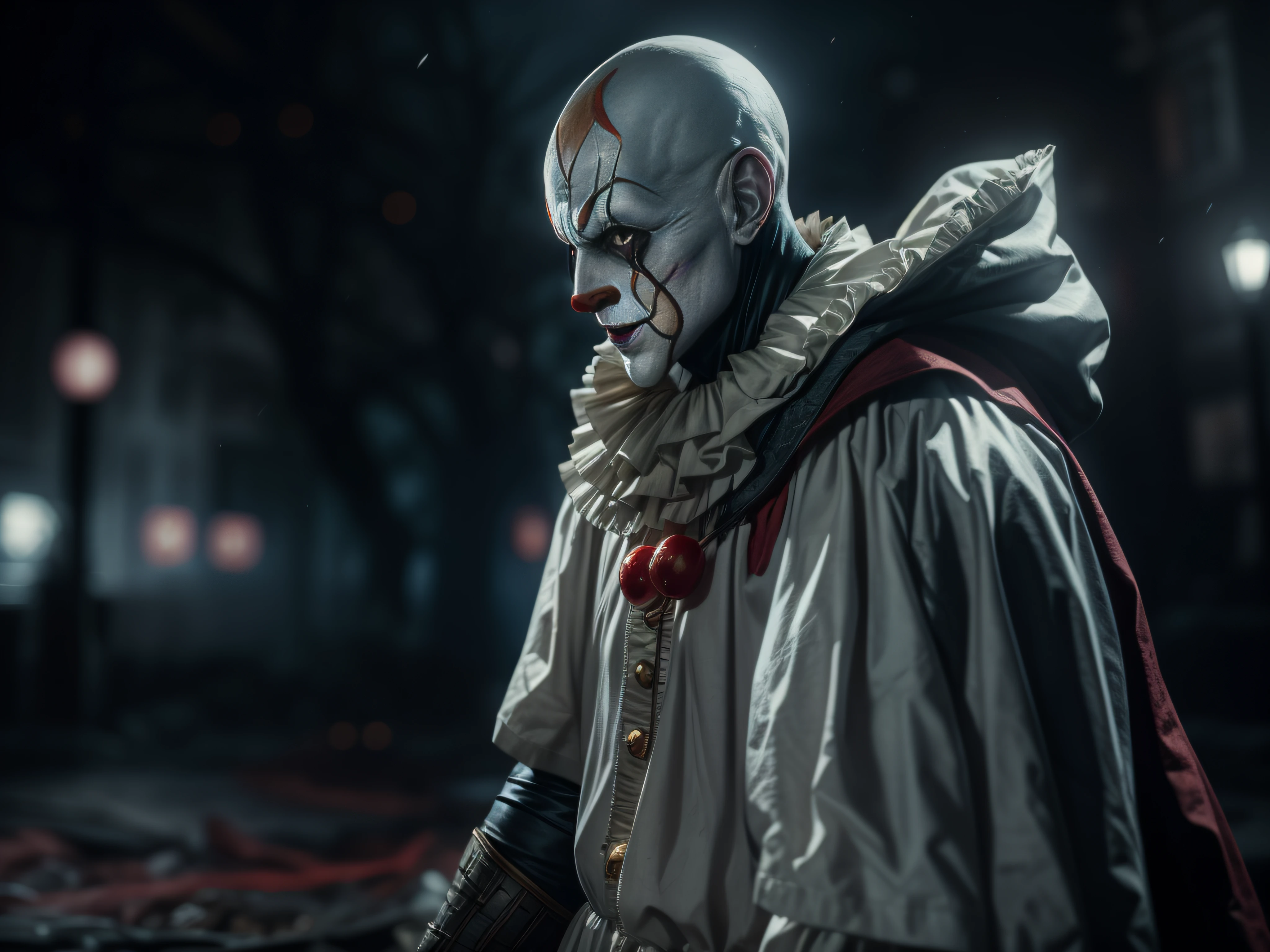 a realistic moon knight from marvel comics as Pennywise the clown from IT, over the shoulder pose, full length portrait, cinematic lighting, unreal engine.