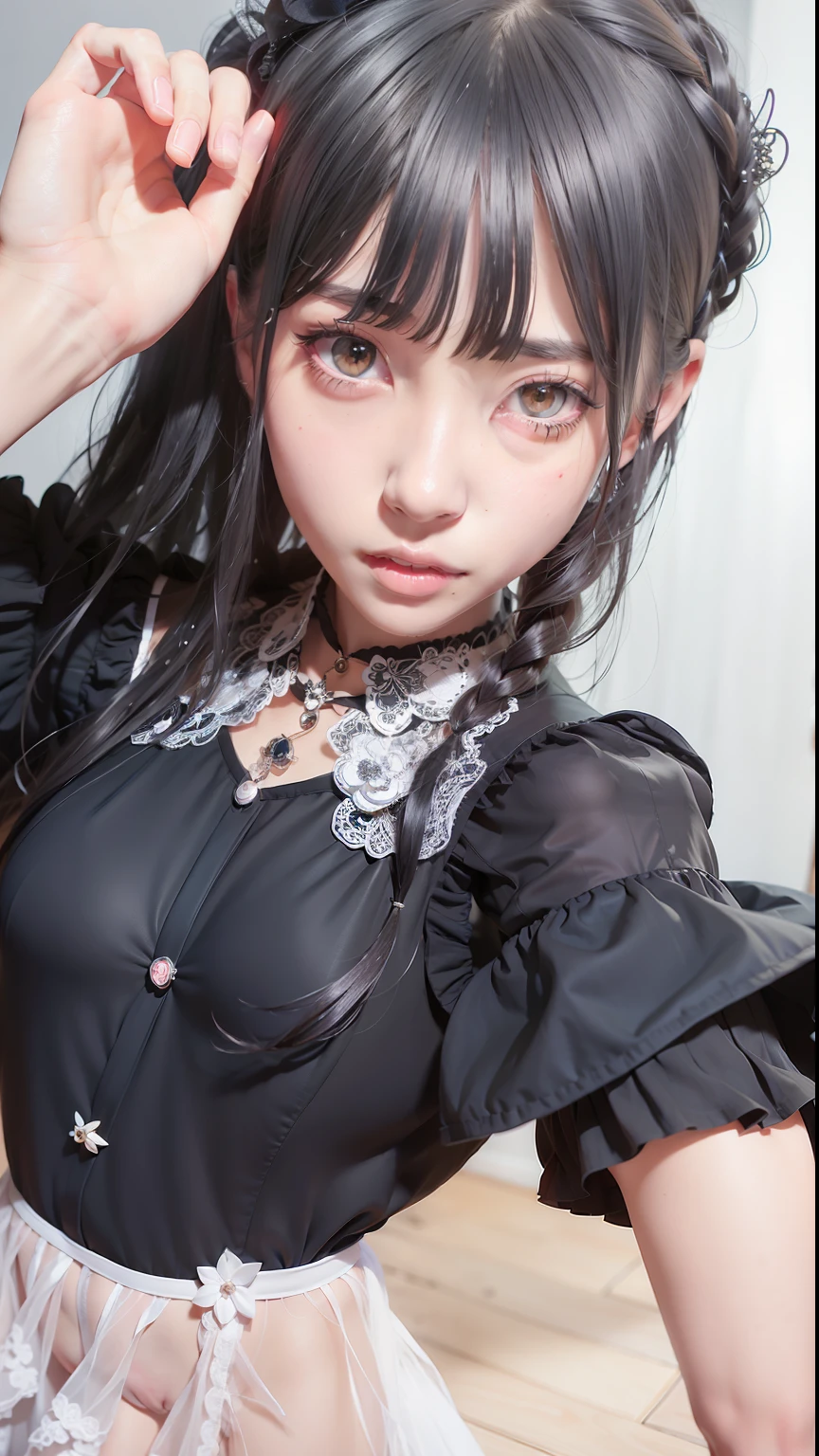 There is a black dress woman, black hime-cut hair, portrait of the magical Lolita girl, 1 7 - year - old anime goth girl, ulzzangs, hime-cut, cruel korean goth girl, sakimichan, sui ishida with black hair, Gothic!!, black gothic lolita dress, dreamy gothic girl