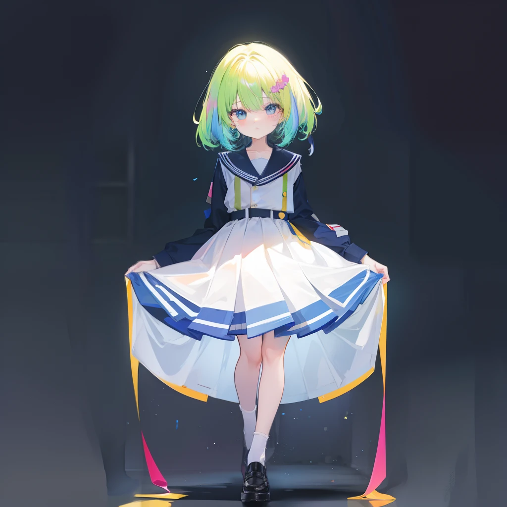 coloured with lots of colour,Beautiful and cute hair with fluorescent hair，Wearing the uniform of JK for Korean high school girls，pleatedskirt，It is a cute and cute little loli
