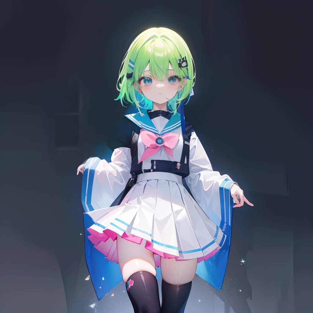 coloured with lots of colour,Beautiful and cute hair with fluorescent hair，Wearing the uniform of JK for Korean high school girls，pleatedskirt，It is a cute and cute little loli