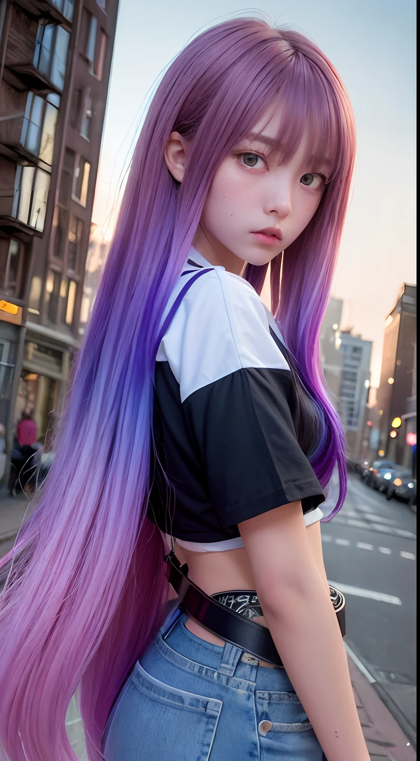 NY, (gradient hair, dutch angle:1.3), film grain, chromatic aberration, city, masterpiece, best quality, raw photo, photorealistic, absurdres, 1girl, cute, perspective, cowboy shot, highres, ultra detailed, detailed eyes and face, sharp pupils, realistic pupils, sharp focus, summer, night,