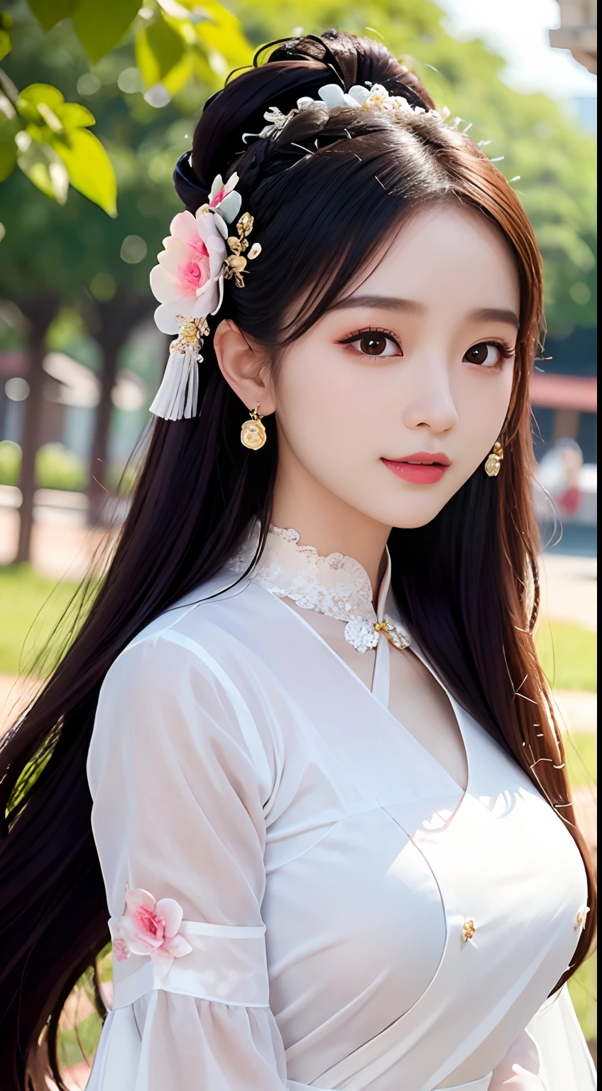 8K, hyper-high detail, a big breast chinese girl, Cute face, cheerfulness, Long hair, Impressive hairstyle, Detailed eyes, Detailed lips, Chinese outfit, Horse face skirt,saree, White sari, Lace, wearing jewellery, Nature background, Flowers, mid afternoon, black shadows, clear weather, sport,walk, Full body capture,