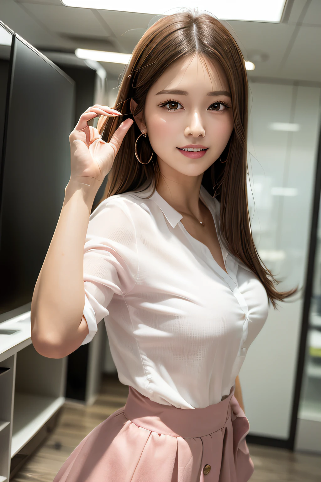 (masterpiece:1.3), high resolution, ultra detailed, extremely detailed CG unity 8k wallpaper, realistic, photo-realistic, RAW photo, beautiful detailed face, pale skin, realistic glistening skin, detailed cloth texture, detailed hair texture, Perfect body, Beautiful Face, accurate, Anatomically correct, Highly detailed face and skin texture, natural neck length, (beautiful hands), (fair skin:1.2), Thin legs, Thin feet,
BREAK,
Detailed eyes, symmetric eyes, Light Brown eyes, Double eyelids, Thin eyebrows, (Glossy lips:1.4), ((gently smile:1.2)), (blush:1.1),
BREAK,
(A Classy and Cute girl:1.3), (wearing a classy (white) Button shirt:1.2), ((Light pink) long irregular hem skirt:1.2), close the button,
medium large breasts, (slender figure:1.1), firm abs, beautiful clavicle,
(Dark blonde hair, wavy hair, long hair:1.2), ((asymmetrical bangs:1.2)),
BREAK,
Standing, (gently Waving:1.1),
(in the stylish office at night), (Cowboy shot:1.2), looking back at viewer, (from below:0.65),