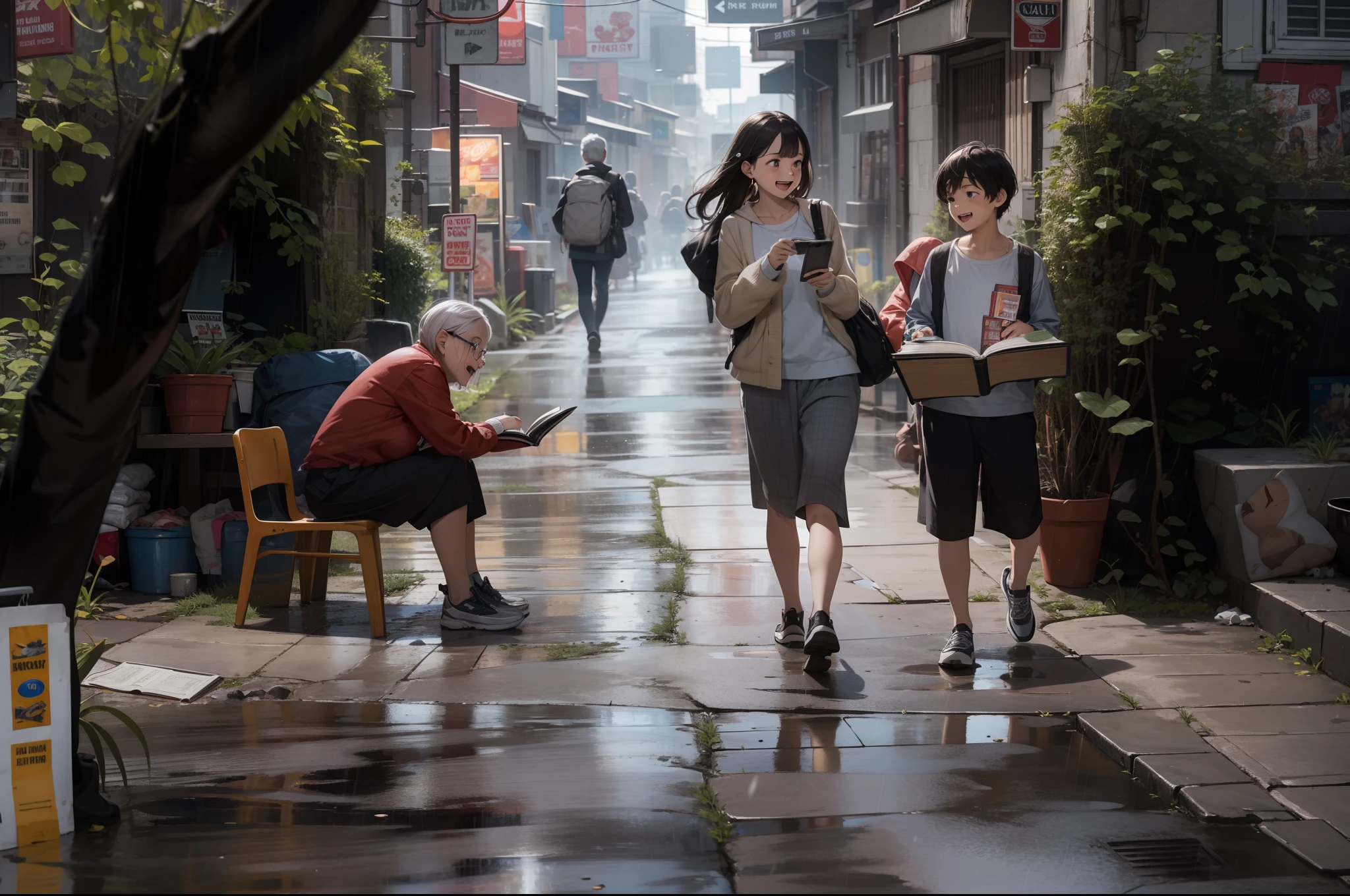 Alley after rain，（The gray-haired grandfather sat on a small chair，Book in hand），（A pair of siblings have just come home from school，Talk and laugh along the way），（There is a group of people taking pictures in the background），tmasterpiece，8K，CG，incredibly detailed，Super resolution，