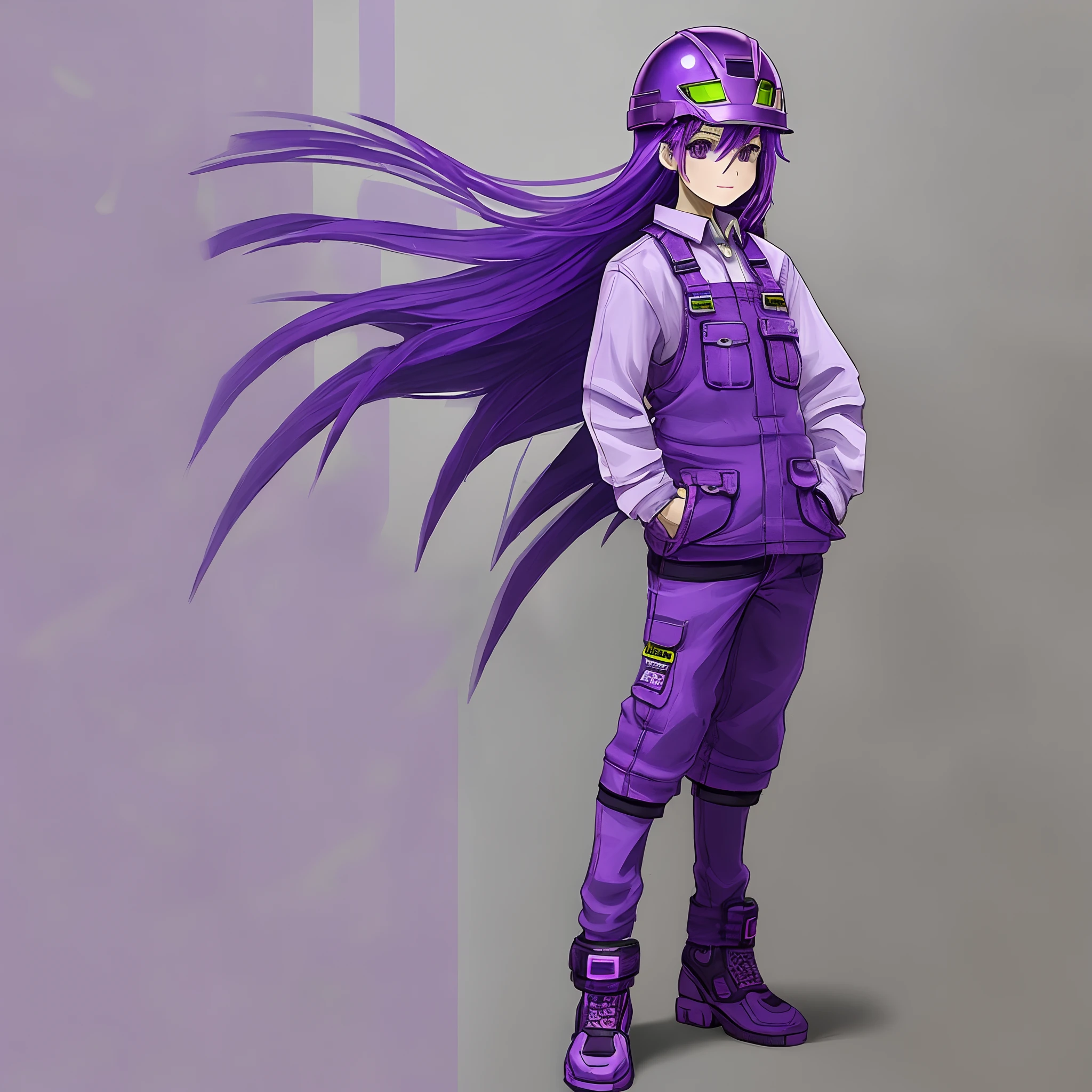 girl、I have my hands in my pockets、purple color hair、Purple workwear、Nails are also purple、Wearing purple accessories、Rich in color、Urban field work、Genki child、Tall、well-styled、Beautie、Super beautiful、high-level image quality、Purple helmet