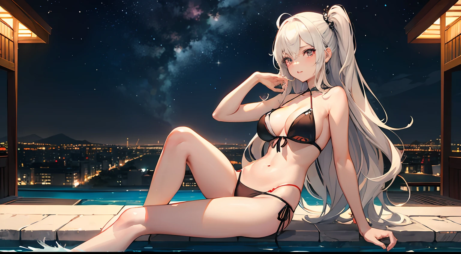 ((Best Quality)), (Ultra-detailed), ((Extremely detailed)), (Beautiful), ((Kawaii Girl)),(two side up hair).,Platinum Blonde Hair,Long hair, hair between eye, Wavy Hair, Long sideburns,Jade-colored eyes, White skin,Normal Chest,Slender body,Cross Halter Bikini,Sandals,Sitting,background a pool, Night, Night view of New Tokyo City, Starry sky, Neon light,,Look Camera