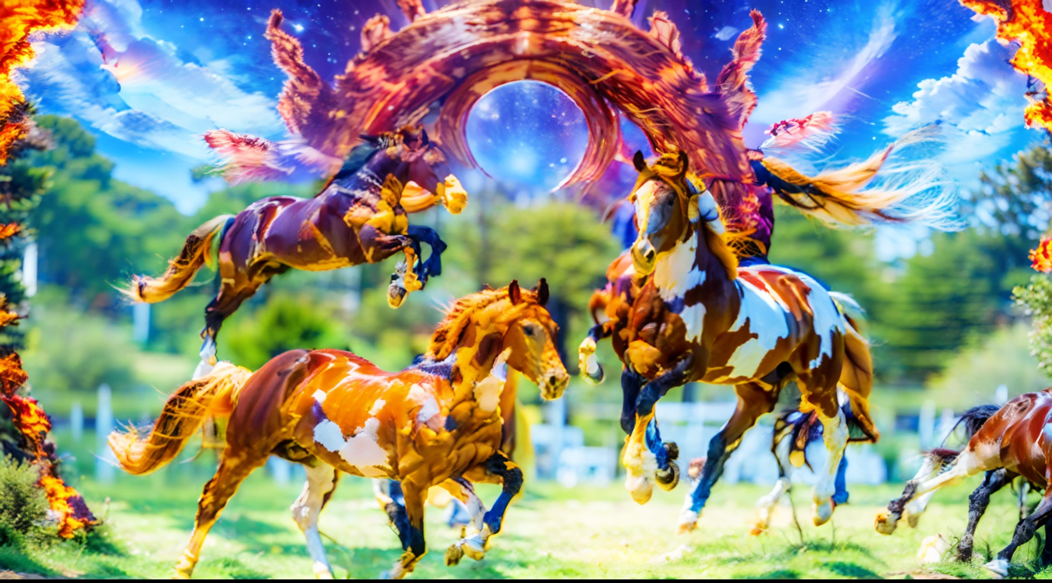 8horses,Ultra-grand scenes,super wide shot,1#cavalos,The first is the Light Casting Pegasus from the Supreme Heaven, which has a rainbow aperture from the Supreme Heaven,She rides between light and pure,No additional ornaments are needed to highlight her dignity and holiness,Even the sky showed her a clear sky,She has a deep enmity with the nightmare heavy ride from hell,The two never put their heads next to each other。2#cavalos,Surrounded by sulphurous flames, the Hellmare Heavy Ride makes every time a horse's hooves fall, stepping flat grass out of the lava from the ground。3#cavalos,The wind wings of the wind elf horse let its position be erratic,She carries a cyan aperture lightly and always can't help but tease the mechanical horse。4#cavalos,The mechanical horse is full of mecha beauty,The shoulder back position always reveals delicate mechanical fittings,Four kicks with a hydraulic pump and electromagnetic ejection device。5#cavalos,Unicorns want to steal all the horses' limelight with their pure and flawless beauty,Her unicorn flashed with the power of thunder。6#cavalos,Fairy Ryoma is compared to a unicorn,The fairy dragon is full of small stars shining with magical brilliance。7#cavalos,The female knight is charging on her knightly warhorse,Her lofty ideals made her will unstoppable,There is no doubt that she is the protagonist of this picture。8#cavalos,Chaotic horses from unknown territory,She blends in and has a weird style and chaotic colors that are almost unimaginable,Her presence makes the whole picture extremely dangerously uncertain,The slightest mistake can confuse the colors around it。Eight extremely special and rare horses surround each other,A large herd of horses galloped ahead,Gallop across the steppe like a clock。The vast plains of the epic scene are rich in aquatic plants,In the distance is the snow-capped summit of Mount Everest,Snow creek flows into the sea,At the other end is the magnificent giant city,The horse team entered and exited from t
