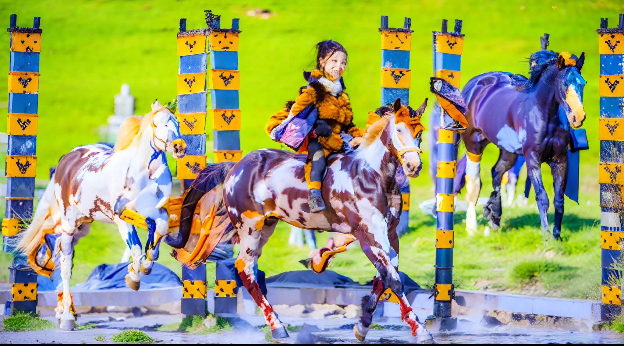 8horses,Ultra-grand scenes,super wide shot,1#cavalos,The first is the Light Casting Pegasus from the Supreme Heaven, which has a rainbow aperture from the Supreme Heaven,She rides between light and pure,No additional ornaments are needed to highlight her dignity and holiness,Even the sky showed her a clear sky,She has a deep enmity with the nightmare heavy ride from hell,The two never put their heads next to each other。2#cavalos,Surrounded by sulphurous flames, the Hellmare Heavy Ride makes every time a horse's hooves fall, stepping flat grass out of the lava from the ground。3#cavalos,The wind wings of the wind elf horse let its position be erratic,She carries a cyan aperture lightly and always can't help but tease the mechanical horse。4#cavalos,The mechanical horse is full of mecha beauty,The shoulder back position always reveals delicate mechanical fittings,Four kicks with a hydraulic pump and electromagnetic ejection device。5#cavalos,Unicorns want to steal all the horses' limelight with their pure and flawless beauty,Her unicorn flashed with the power of thunder。6#cavalos,Fairy Ryoma is compared to a unicorn,The fairy dragon is full of small stars shining with magical brilliance。7#cavalos,The female knight is charging on her knightly warhorse,Her lofty ideals made her will unstoppable,There is no doubt that she is the protagonist of this picture。8#cavalos,Chaotic horses from unknown territory,She blends in and has a weird style and chaotic colors that are almost unimaginable,Her presence makes the whole picture extremely dangerously uncertain,The slightest mistake can confuse the colors around it。Eight extremely special and rare horses surround each other,A large herd of horses galloped ahead,Gallop across the steppe like a clock。The vast plains of the epic scene are rich in aquatic plants,In the distance is the snow-capped summit of Mount Everest,Snow creek flows into the sea,At the other end is the magnificent giant city,The horse team entered and exited from t