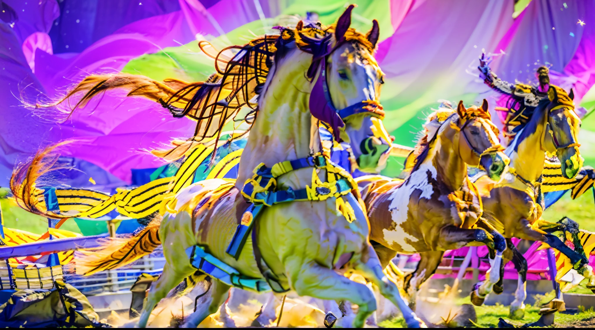 8horses,Ultra-grand scenes,super wide shot,1#cavalos,The first is the Light Casting Pegasus from the Supreme Heaven, which has a rainbow aperture from the Supreme Heaven,She rides between light and pure,No additional ornaments are needed to highlight her dignity and holiness,Even the sky showed her a clear sky,She has a deep enmity with the nightmare heavy ride from hell,The two never put their heads next to each other。2#cavalos,Surrounded by sulphurous flames, the Hellmare Heavy Ride makes every time a horse's hooves fall, stepping flat grass out of the lava from the ground。3#cavalos,The wind wings of the wind elf horse let its position be erratic,She carries a cyan aperture lightly and always can't help but tease the mechanical horse。4#cavalos,The mechanical horse is full of mecha beauty,The shoulder back position always reveals delicate mechanical fittings,Four kicks with a hydraulic pump and electromagnetic ejection device。5#cavalos,Unicorns want to steal all the horses' limelight with their pure and flawless beauty,Her unicorn flashed with the power of thunder。6#cavalos,Fairy Ryoma is compared to a unicorn,The fairy dragon is full of small stars shining with magical brilliance。7#cavalos,The female knight is charging on her knightly warhorse,Her lofty ideals made her will unstoppable,There is no doubt that she is the protagonist of this picture。8#cavalos,Chaotic horses from unknown territory,She blends in and has a weird style and chaotic colors that are almost unimaginable,Her presence makes the whole picture extremely dangerously uncertain,The slightest mistake can confuse the colors around it。Eight extremely special and rare horses surround each other,A large herd of horses galloped ahead,Gallop across the steppe like a clock。The vast plains of the epic scene are rich in aquatic plants,In the distance is the snow-capped summit of Mount Everest,Snow creek flows into the sea,At the other end is the magnificent giant city,The horse team entered and exited from t