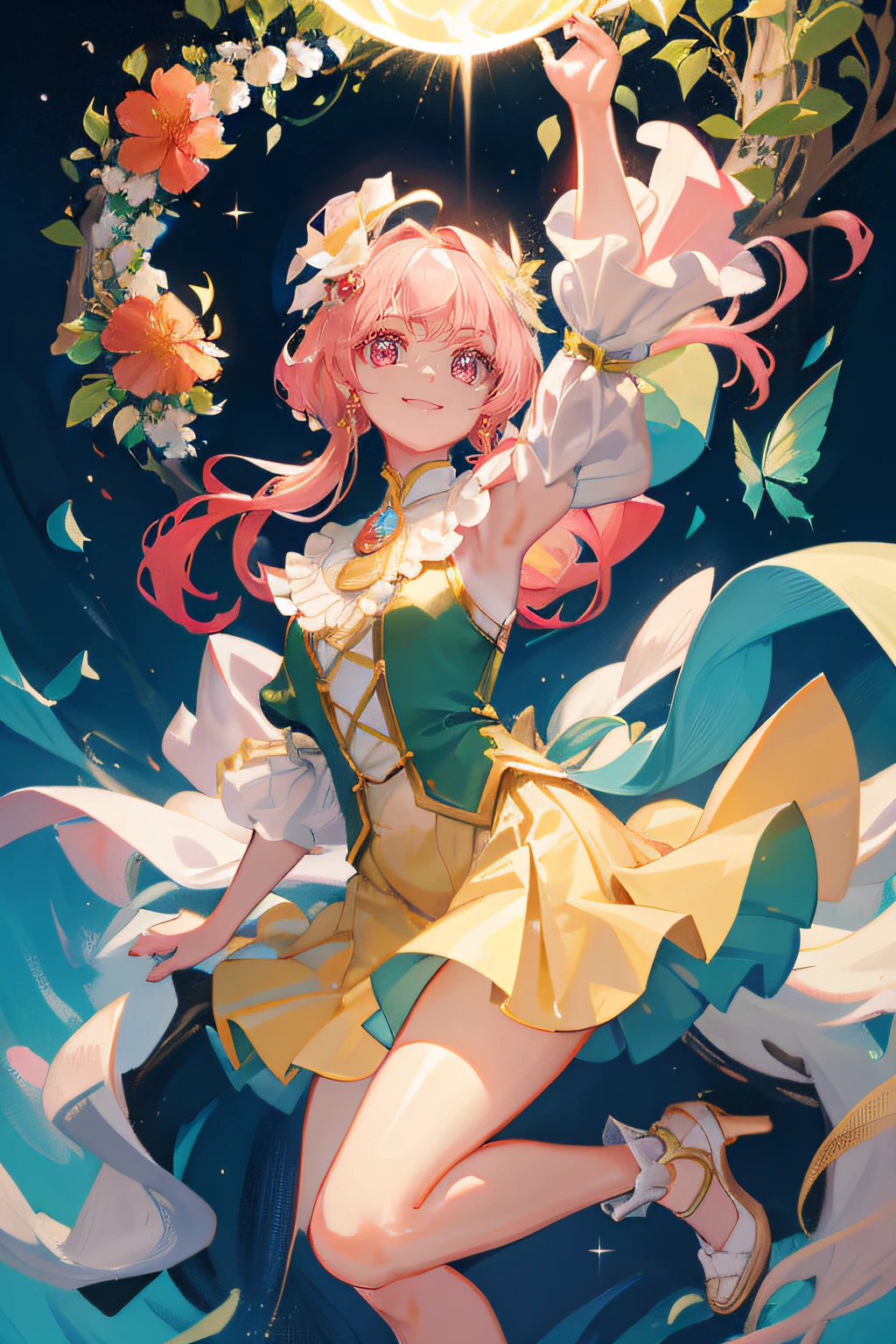 fresh flowers，flowers in full bloom，Delicate and delicate，Lush plants，rich colours，Elegant petals，A gentle breeze blows，Floral fragrance。