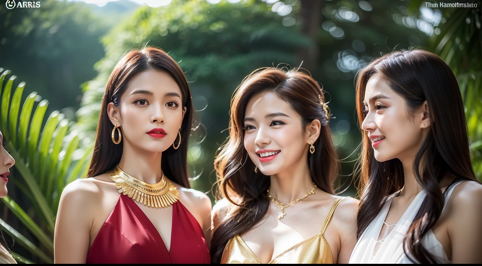 （8K分辨率，Photographs of legs），（Multiple women，20yr old，（The facial features of Thai Aump：1.8，Thin skeletal cheeks，s delicate face），com rosto detalhado，Lovely face，com rosto detalhado，详细的脸，Ultra-fine makeup，Black colored eyes，（Look in different directions），Long dark red hair，（Messy has layers），Redlip，Fair smooth skin，（Best Skin Type：1.21），mediuml breasts，（（Thai evening dress：Siwalai，Delicate shawl straps，Luxurious ladies' tube dresses），A small number of flower hairpins，Luxurious necklaces and bracelets），Tall and tall，The action of flying kisses，perfect hand，Ultra-fine clothing material），（party，banquet，tropical trees，Flower wall，Exquisite environmental details），（exhilarated，confident smile，Rejoice，intimacy），（profesional lighting，动态照明），（（The colors are relatively uniform，Noble sexy，vivaciousness，rays of sunshine（golden colored，red colour，in pink））），（Golden section，Cinema lenses，Dynamic shots，Hasselblad photograp，tmasterpiece：1.3），（adolable，rays of sunshine，vivaciousness，mistic，fanciful，Little woman，trendsetting，Folklore，Artis，Art platform）
