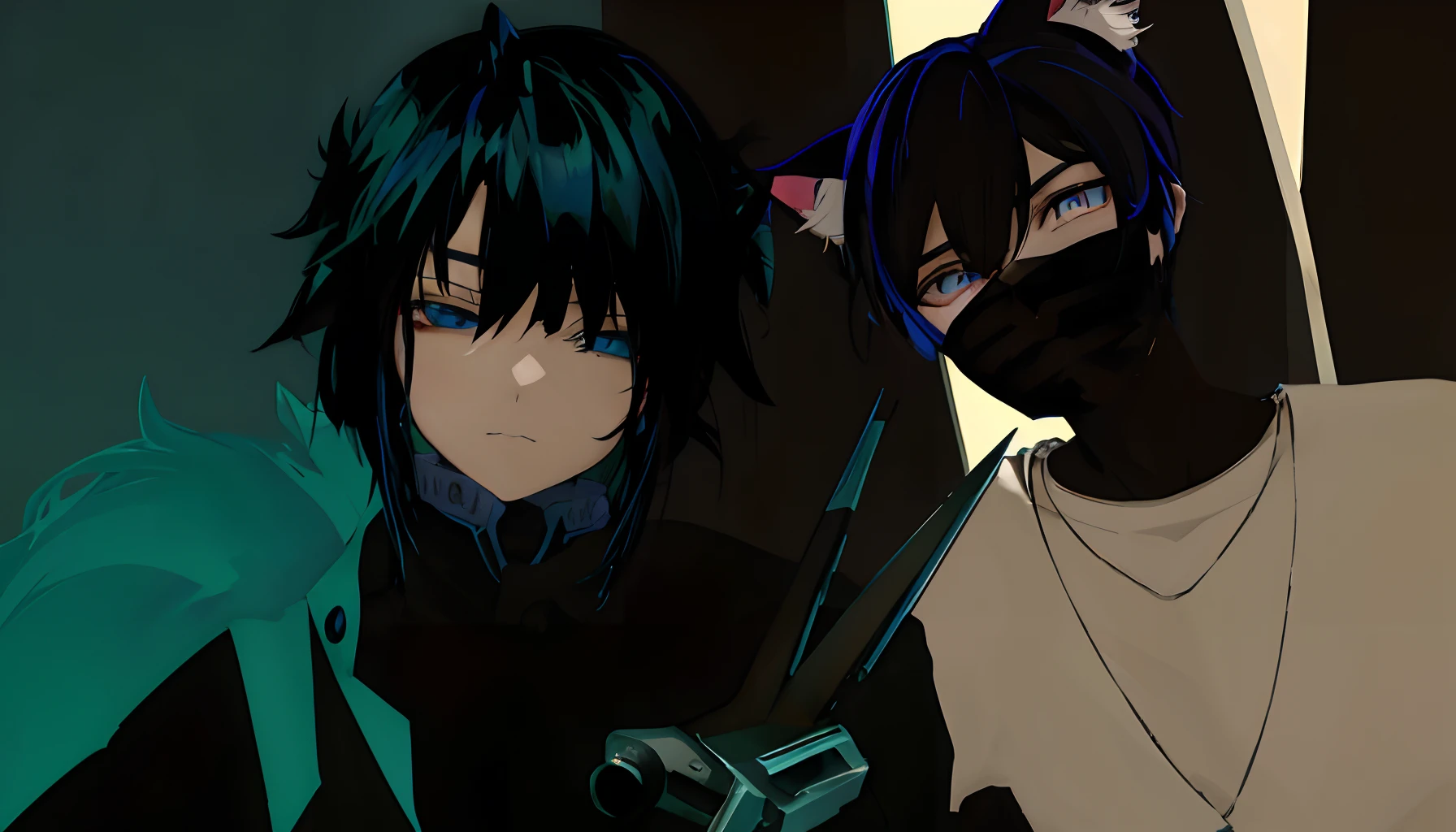 anime characters with black hair and blue eyes and a cat, 2 d anime style, vrchat, trigger anime artstyle, badass anime 8 k, epic anime style, anime style. 8k, by Shingei, 2 d anime, stylized anime, anime style 4 k, anime moe artstyle, very modern anime style, medium shot of two characters