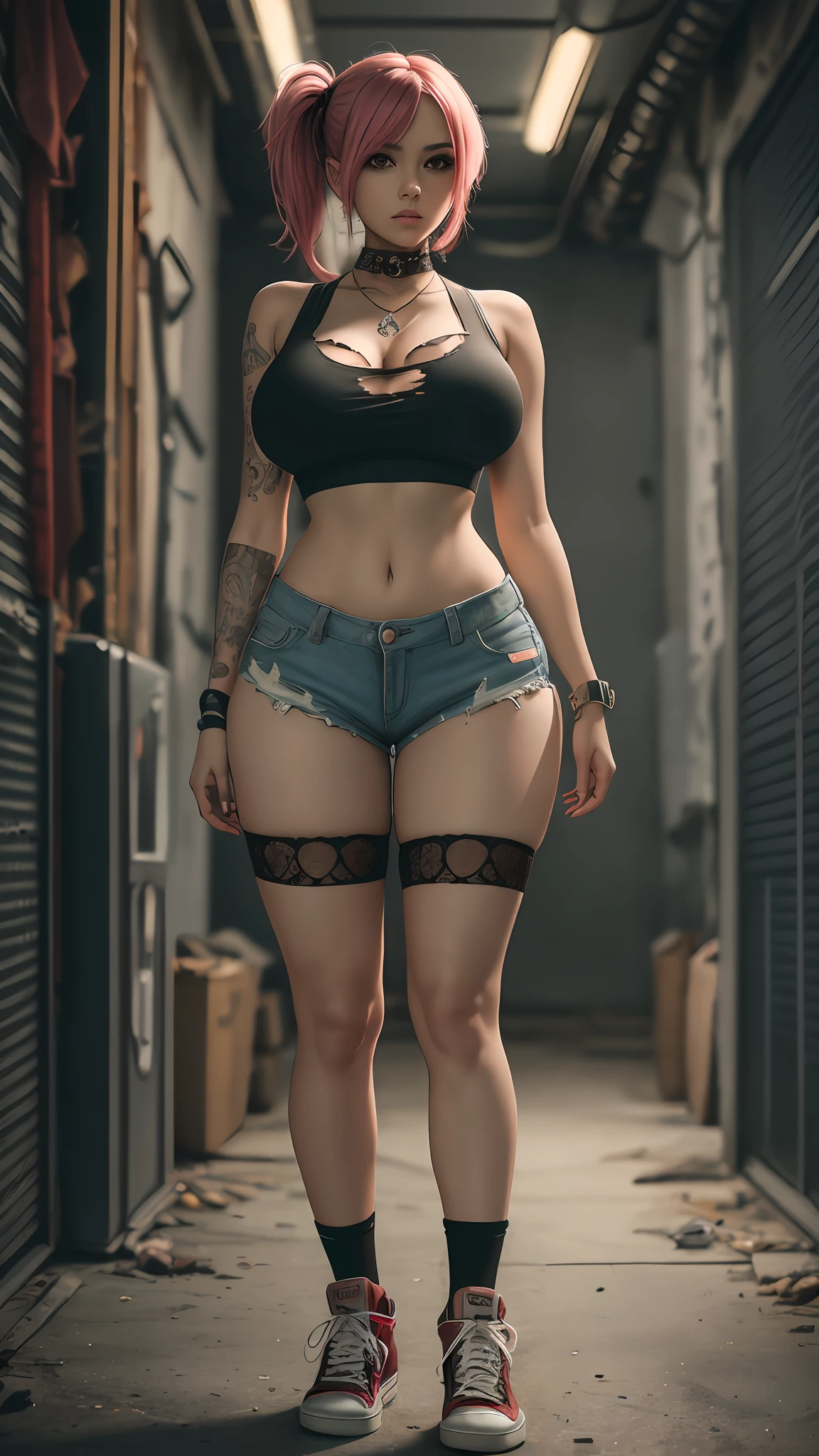 (masterpiece, best quality), chiaroscuro lighting, 1girl, solo, {toxicpunk aesthetic}, , full length frame, full-body shot, hourglass figure, lace-trimmed crop top and torn shorts, knee high socks, sneakers, garage background
- --auto --s2