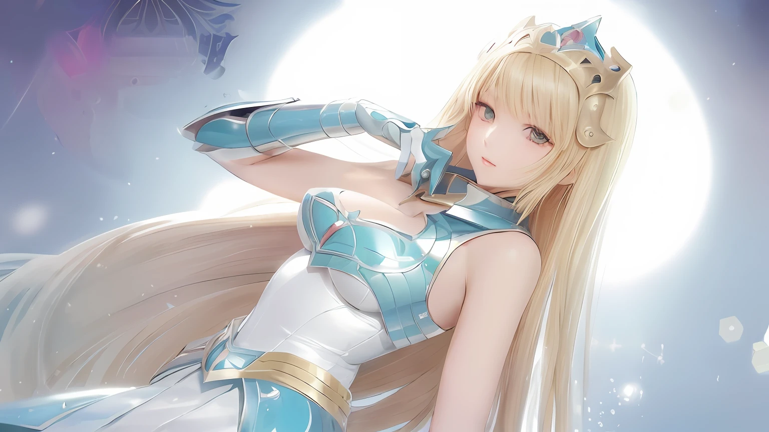 Anime girl with long blonde hair wearing armor and sword, knights of zodiac girl, portrait knights of zodiac girl, Girl with white dress, in opal armor, seductive princess knight, anime goddess, Princess Knight, oppai, huge tit, with large breasts, ((a beautiful fantasy empress)), a blonde emerald warrior, Anime Manga Robot!! Anime Girl, armor girl, blonde - haired princess