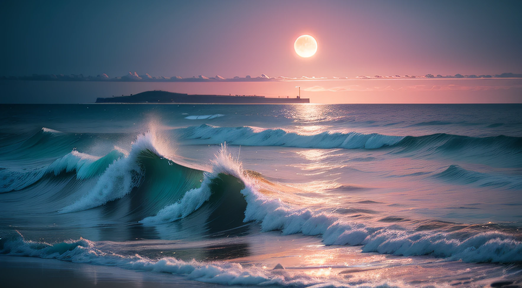 The tumbling sea glows pink,A bright moon in the distance