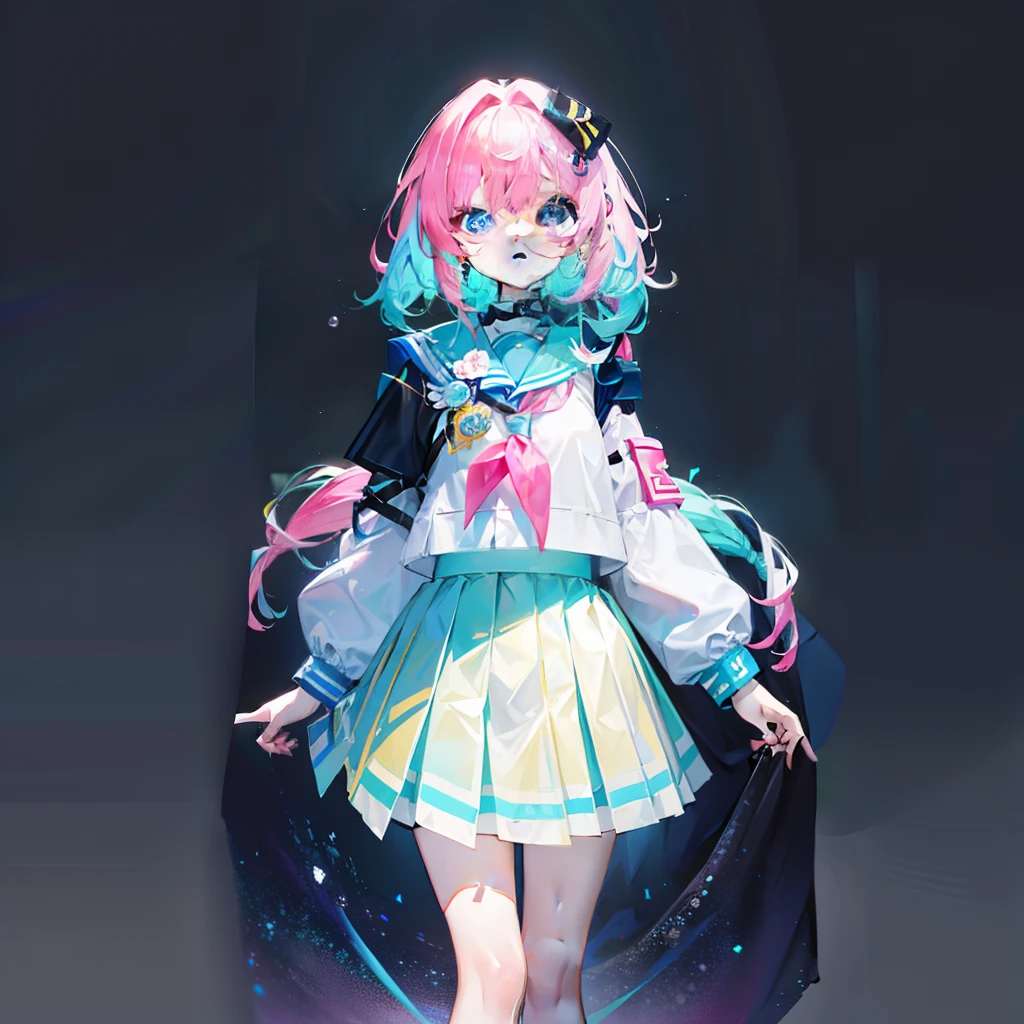 Colorful, beautiful and cute hair with fluorescent light，Wearing the uniform of JK for Korean high school girls，pleatedskirt，It is a cute and cute little loli