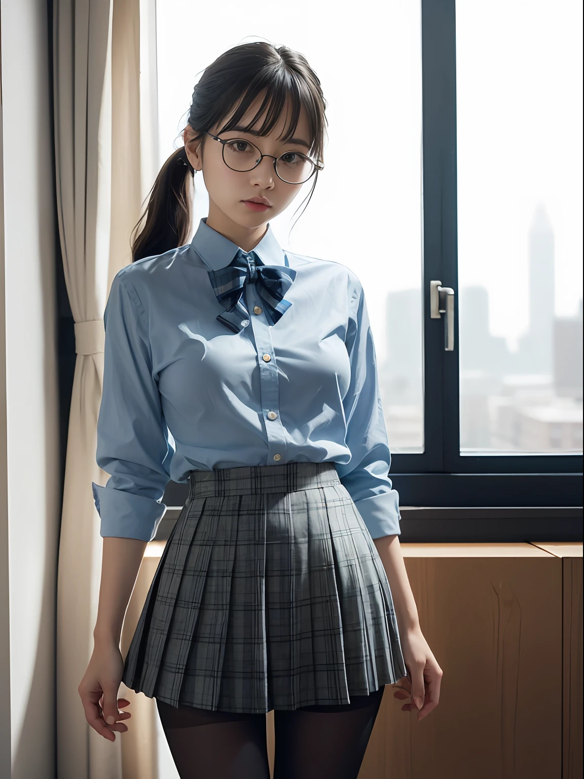 (8K、Raw photography、top-quality、masterpiece:1.2),Erotic,Pupils,Light Blue Bra,de pele branca,kne,(Black pantyhose),absurderes,a small face,small tits,flat breast,Parting the bangs from the middle、Forehead visible,(a cold expression<Tight eyes,glares,Bullish,skinny,Rasping,irate)、masterpiece,top-quality、超A high resolution,Raw photo,ren,Beautiful fece,One Person, 独奏,eye glass,,Dark look,Small breasts,fullllbody,Round glasses、cute little、JK school uniform,hi-school girl,A Japanese Lady,is standing,(Photorealsitic:1.37)、Photon mapping,Light blue ribbon,Realistic、Cute little face,Brown-eyed、Black socks、(Red bow tie)、Radio City、Physically Based Rendering、Foreground、depth of fields、Blurry background、a picture,The girls、Body,beauty legs, Long legs, Thin leg,Long bob cut,(Bangs are visible), hair, s lips, Blue_The eye, nosesoft,(Light blue shirt), (Navy and blue and white plaid pleated skirt), Knees are visible,Sheer clothing,, Thigh, Black cotton socks,Nogizaka Idol, 女優, Japanese ido