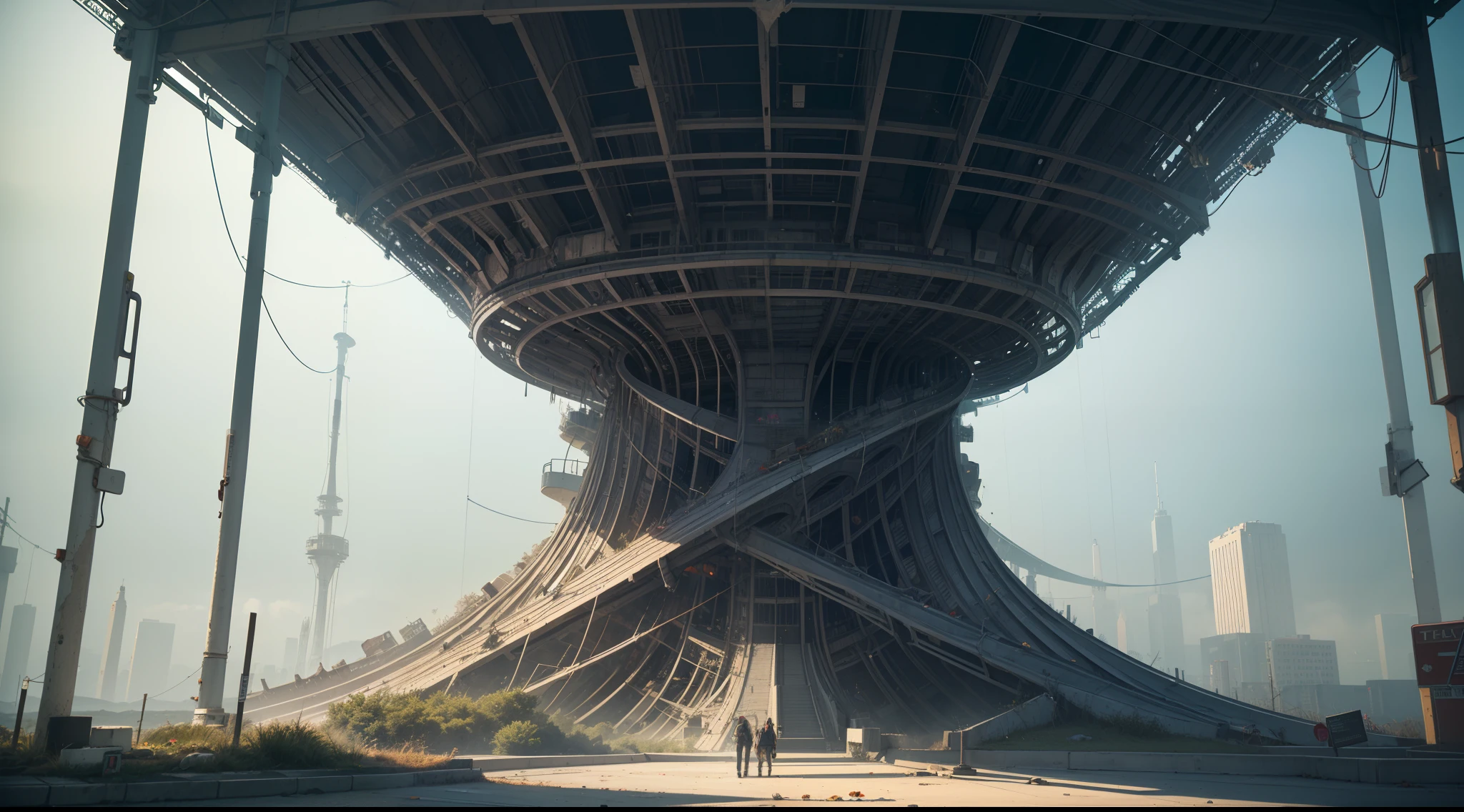 (Giant twisted fractal structure steel structure building,the twisted world tree:1.25),(upper part Miniature waste soil city model,Future macroscopic urban modeling,Suspended urban,weightlessness:1.2),moss,withered flowers,Root,rusted,Sunlight,Strong light,Golden hour lighting,full light,flashing lights,Rainy,smog,fog,steams,Flame,Natural background,Digital illustration,Comic style,Perfect anatomy,Centered,Octane rendering,Postmodern art,nearing perfection,Dynamic,Highly detailed,art stations,concept-art,smooth,Sharp focus,Art by Carne Griffiths and Wadim Kashin,Double tail,isometry,Digital art,polluted,Toxic waste,3 d rendered,Complex fractals,prisms,grid,triangles,Element fusion,surrealism,Steam wave fashion,Realistic ink art,dorohedoro,