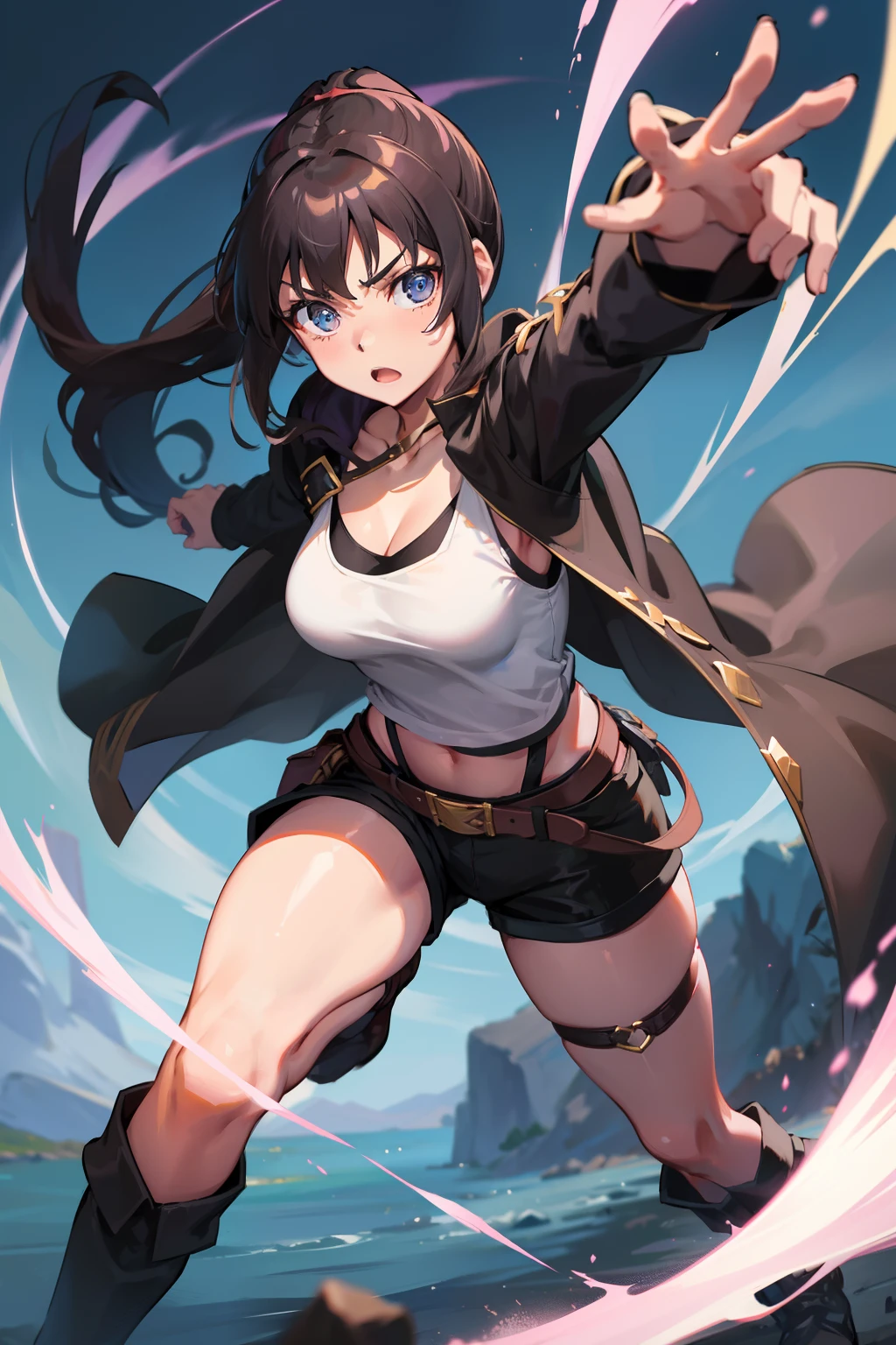 Brunette girl brave
Master works，8K分辨率，depth of fields，Faraway view，Full body shot，Full Body Photo，(exquisite facial features)，s the perfect face，Glowing skin，Kizi，young 17 years old，Blue pupil，Black single ponytail，c cup，White V-neck vest，Open navel，long black cape，Black fluff shorts，Brown boots，holding a longsword，Combat posture，Unleash magic，Brave Girl，