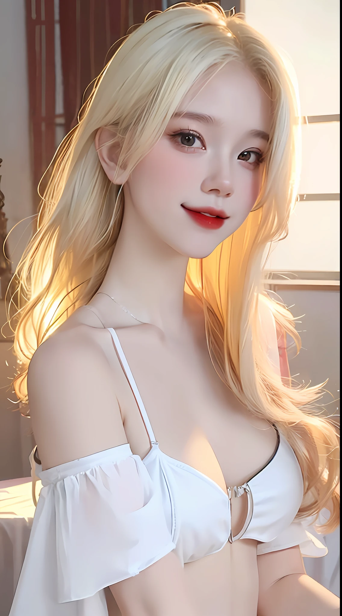 one long yellow hair girl, seductive smile, (white bikini), white skin, armpit up, (((cute young face))), beautiful breasts, big breast, slender abs, six packs abs, plump body, round breast, (Realistic lighting, Best quality, 8K, Masterpiece: 1.43)