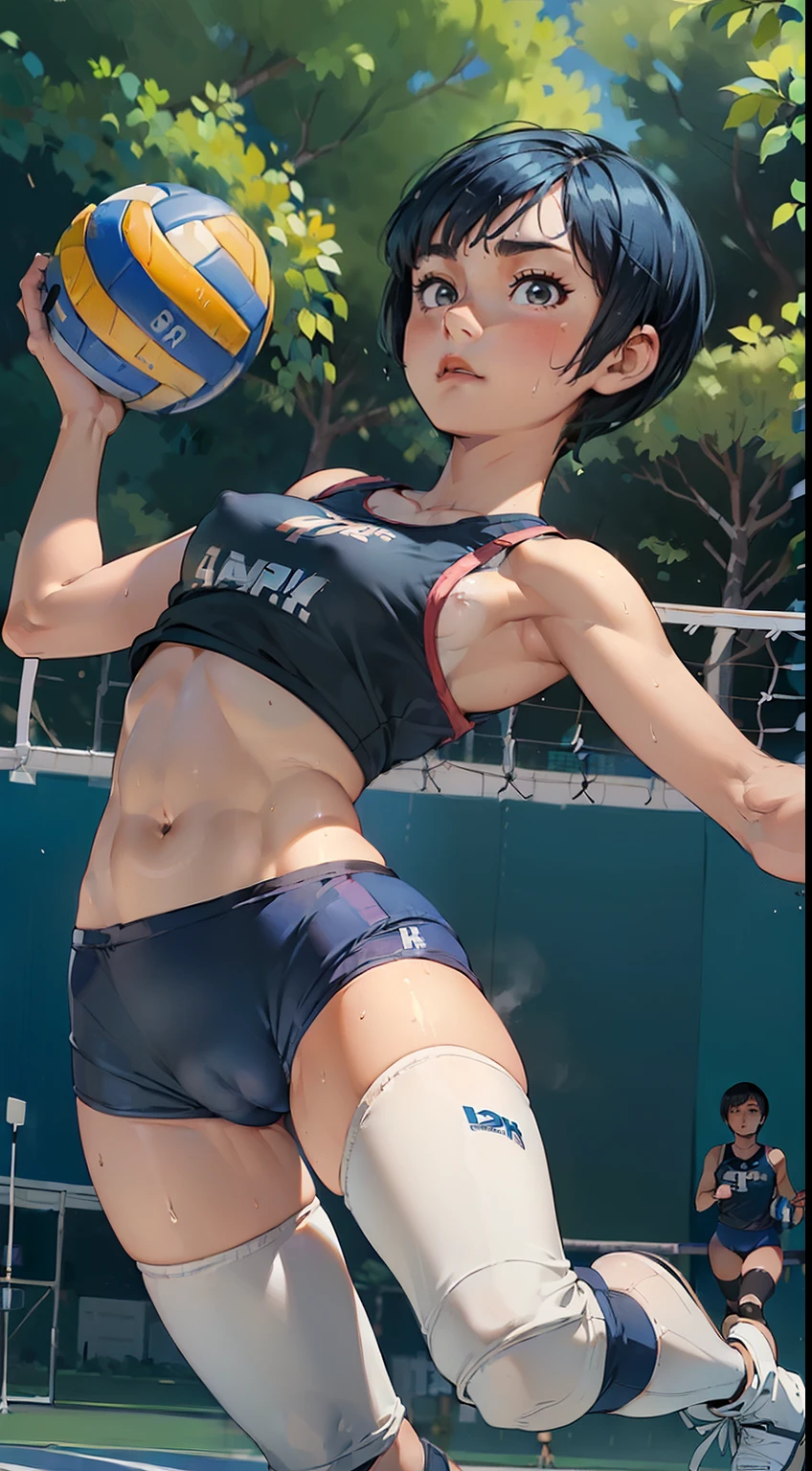 (masterpiece, 4k ,ultra detailed:1.2),(beautiful face:1.2),(anime:1.2),illustration,(solo:1.2),(looking at viewer:1.4),(supermodel:1.3),(volleyball athlete:1.4),(volleyball uniform:1.4),(bike shorts:1.4),(volleyball:1.5),(sweaty skin:1.3),(blue hair),(bangs pinned back:1.3),yo,(very short hair:1.5),(white panties),(string,Chiseled abs,bouquet,child,large breasts,petite:1.1),(sfw,nipple,dress,sports bra:1.5),(cinematic angle),(full body:1.2),(Cameltoe:1.3),(volleyball field:1.5),(show off Cameltoe:1.3)