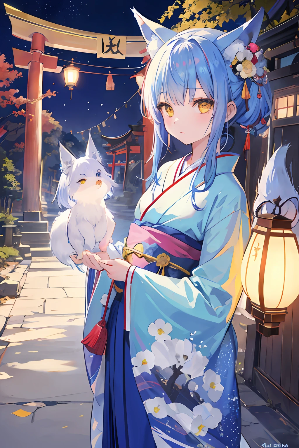 girl with、ghosts、Blue-haired、poneyTail、Fox Face、Kimono Dresses、frilld、Ribbon Band、masterpiece、top-quality、Top image quality、cute little、Yellow eyes、paper lanterns、(((natta)))、torii gate、shrines、lantern