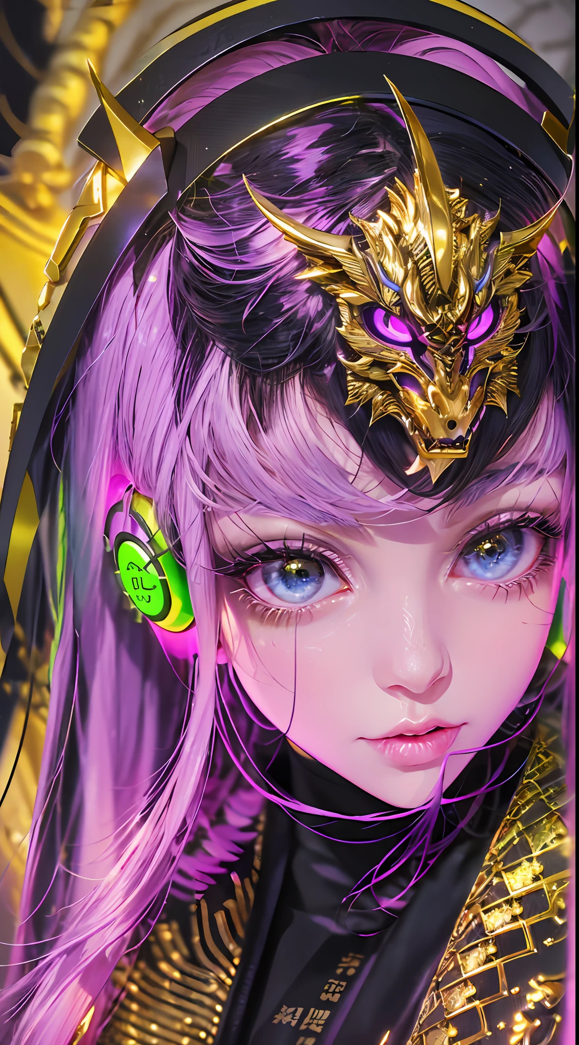 cyber punk perssonage,Kasha,Hold the audience's hand,Back photography,sideface,Asymmetrical face shape,Fluorescent headphones hang behind your hair,Black fur coat,Decorated with a gold dragon motif,Detailed depiction,The upper part of the body,城市,best qualityer,16k high resolution wallpaper,
