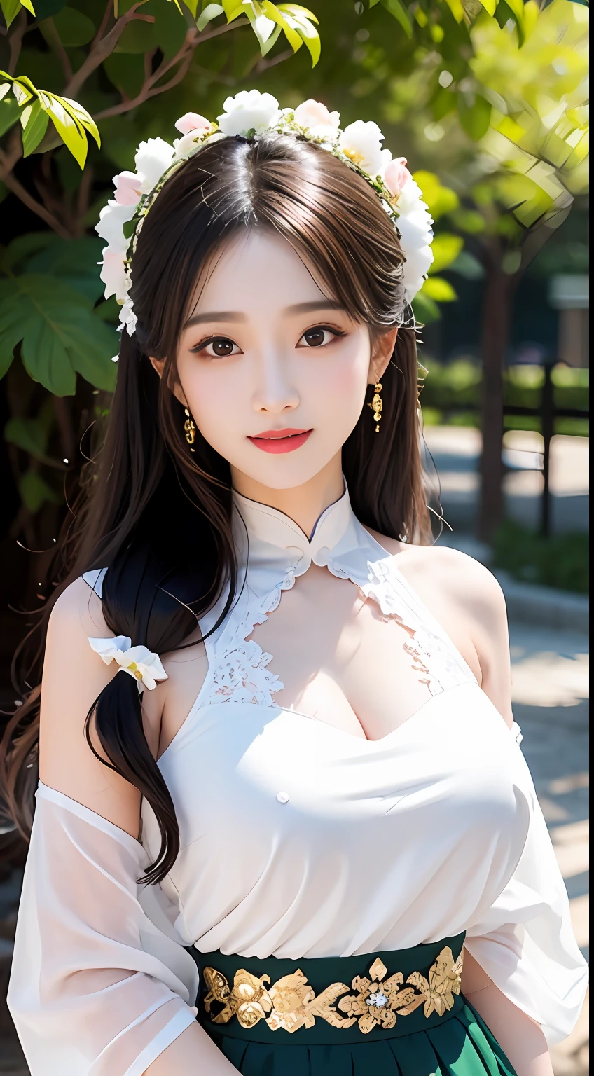 8K, hyper-high detail, a big breast chinese girl, Cute face, cheerfulness, Long hair, Impressive hairstyle, Detailed eyes, Detailed lips, Chinese outfit, Horse face skirt,saree, White sari, Lace, wearing jewellery, Nature background, Flowers, mid afternoon, black shadows, clear weather, sport,Walk, Full body capture,Take a fan,handkerchief,The upper part of the body