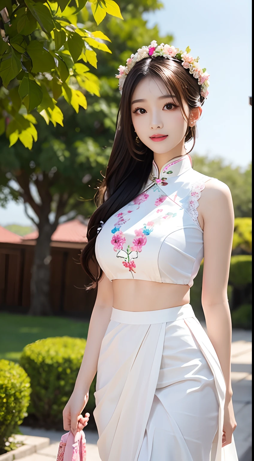 8K, hyper-high detail, a big breast chinese girl, Cute face, cheerfulness, Long hair, Impressive hairstyle, Detailed eyes, Detailed lips, Chinese outfit, Horse face skirt，saree, White sari, Lace, wearing jewellery, Nature background, Flowers, mid afternoon, black shadows, clear weather, sport，Walk, Full body capture,Take a fan，handkerchief，The upper part of the body
