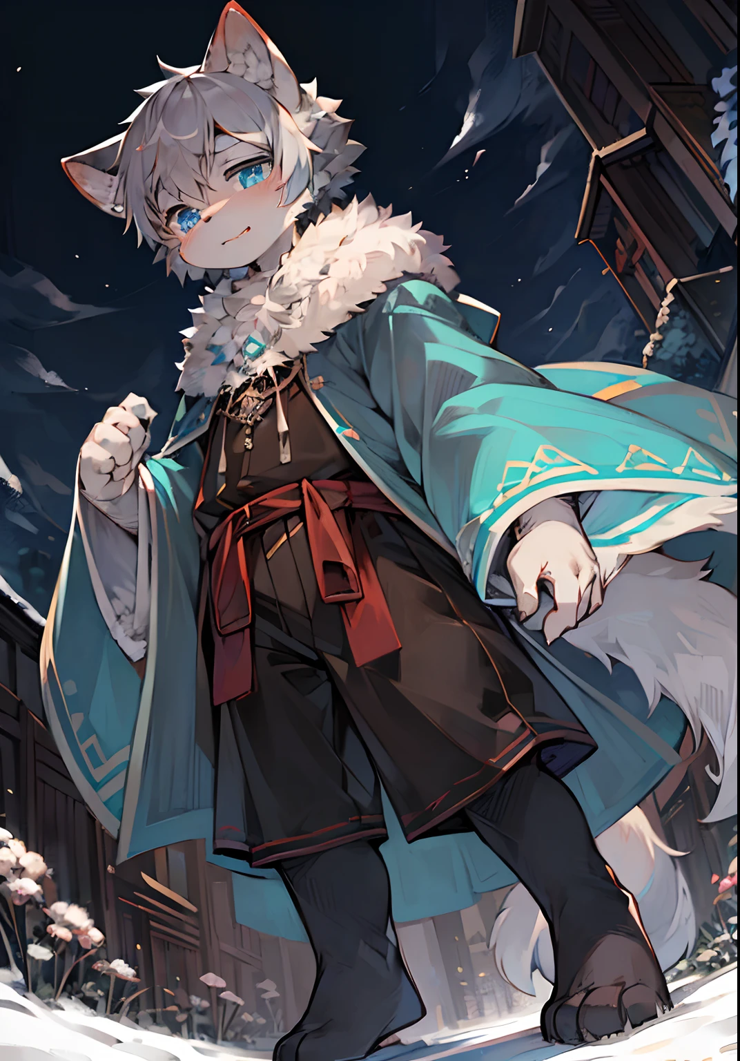 (ambiente dark:0.8),Masterpiece,High quality,abstract res,Digital painting\(artwork of a\), by Dagasi, Yupa,Kiyosan,(anthro,Fluffy fur,Character focus:1.1),anthro male cat,Short hair,Portrait , eyes with brightness, in a panoramic view, Character focus.(detailedbackground:0.7), 独奏, shaggy, shaggy male, malefocus, anthr,(Full Body Furry, Fluffy tail, White fur, Ice blue eyes, Gray hair:1.2), (felid,Cloak：1.2），（External、trpical garden：1.1）