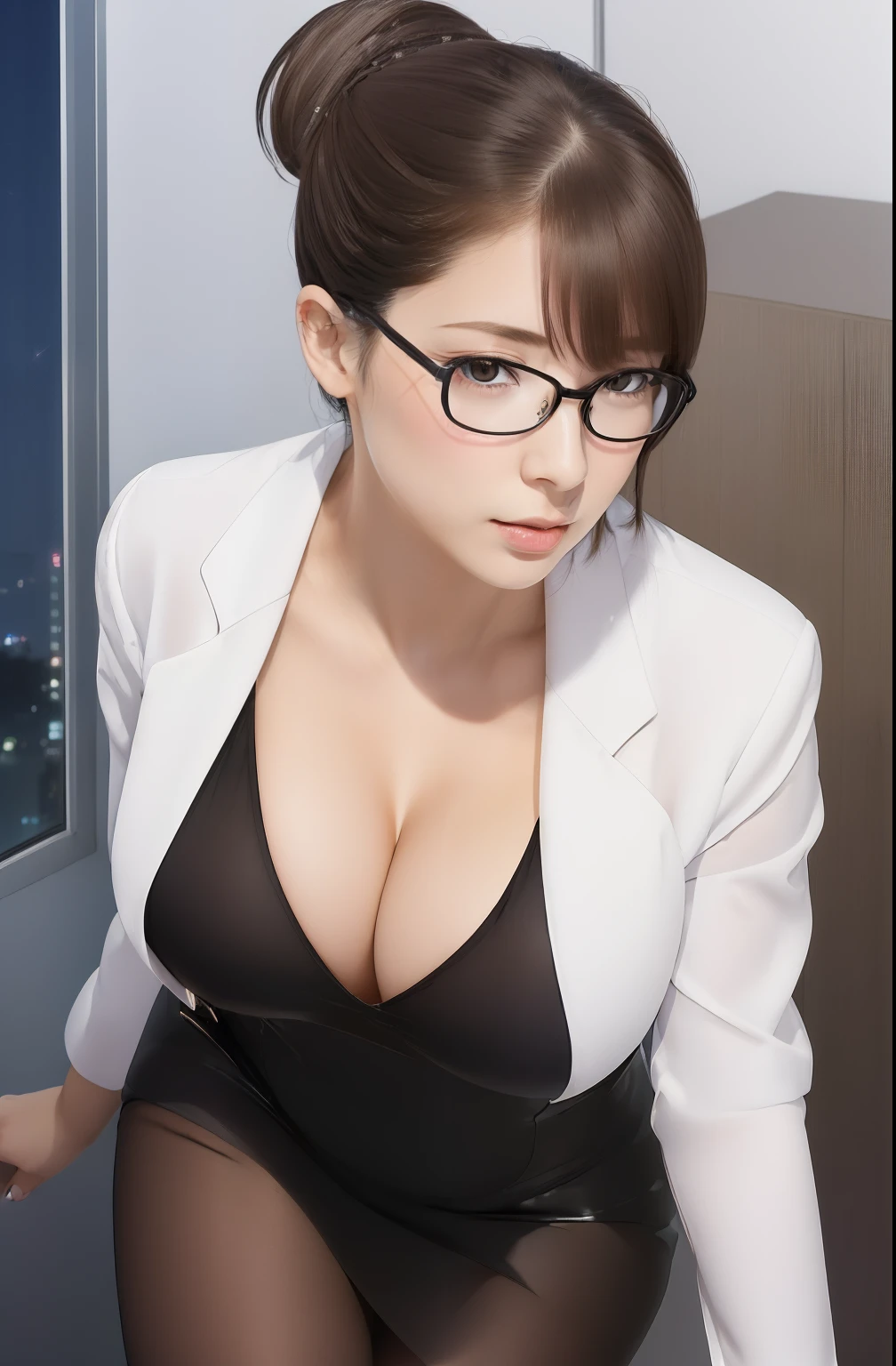 (Night:1.7), Japan, Tokyo, CityView, Before Window,
Standing at attention,
(Upper_body),(close-Up),(Focus on her face),
Black_Shirt,pantyhose, pencil skirt,White_jacket,cleavage, collarbone,(black_framed_Glasses:1.3),
office lady,brown hair,red eyes, hair bun,swept bangs,
1 girl, 24yo,mature female,Beautiful Finger,Beautiful long legs,Beautiful body,Beautiful Nose,Beautiful character design, perfect eyes, perfect face,
looking at viewer, in the center of the image,
NSFW,official art,extremely detailed CG unity 8k wallpaper, perfect lighting,Colorful, Bright_Front_face_Lighting,
(masterpiece:1.0),(best_quality:1.0), ultra high res,4K,ultra-detailed,
photography, 8K, HDR, highres, absurdres:1.2, Kodak portra 400, film grain, blurry background, bokeh:1.2, lens flare, (vibrant_color:1.2)
(Beautiful,large_Breasts:1.4), (beautiful_face:1.5),(narrow_waist),