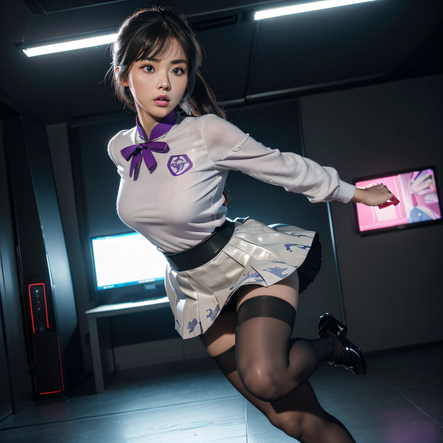 (full bodyesbian:1.5)，(1girll:1.3),(view the viewer:1.4)，(anatomy correct:1.45),(Dance in the mountains:1.3),(Very thick printed pantyhose:1.4),( Chinese woman wearing print fantasy Soviet style JK student uniform pleated skirt uniform pointed toe high heeled leather shoes  :1.35), (Light particle effect:1.3),(In pink | amarelo | blue colors| green color |red colour | white colors| black in color| purpleish color| greys| Beige| Flesh color 1.4)，(Glowing eyes:1.3),(Large amplitude action: 1.3)，(Accurate and perfect face:1.4),hyper HD, Ray traching, reflective light，structurally correct, Award-Awarded, High detail, Fade in and out shadow contrast, Face lighting，cinmatic lighting, tmasterpiece, super detailing, High quality, High detail, Best quality, 16k，High contrast,