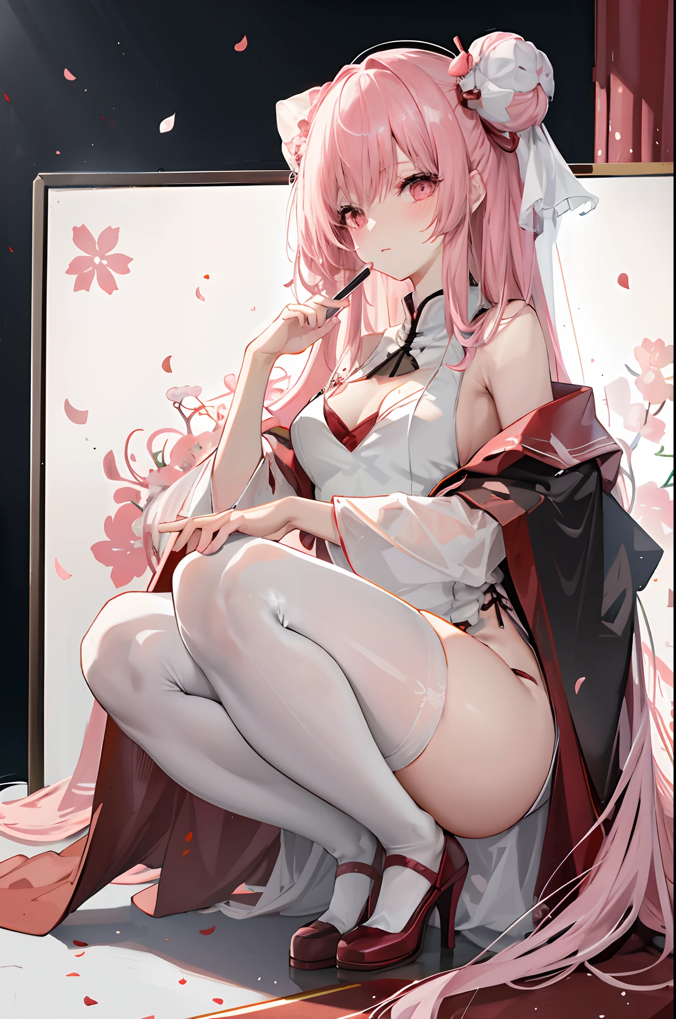 one-girl,Full body in camera,full bodyesbian,Ccup,(tmasterpiece),(best qualtiy),(A pink-haired,long whitr hair:2,White flower decoration,White hairpin),(lacepantyhose,black pantyhoses,stocklings,Full body pantyhose),(Bandeau cheongsam,Silk cheongsam),Bare back,Shoulders exposed,Chest exposure,(panties are visible:1.5,White panties)鎖骨,,(squatt,Full squat,Hold your cheeks with your hands,tilts your head),(cuteexpression,ssmile,Playful),(Be red in the face,putting makeup on, Blushlush),(White high heels,Pink cherry blossom decoration),(Light red carpet,Golden decoration),SakuraNS, the night,have to pee,Pee,pissing,Pee yourself,Top lighting,16k,High- sharpness,high qulity,wide wide shot,Bright colors