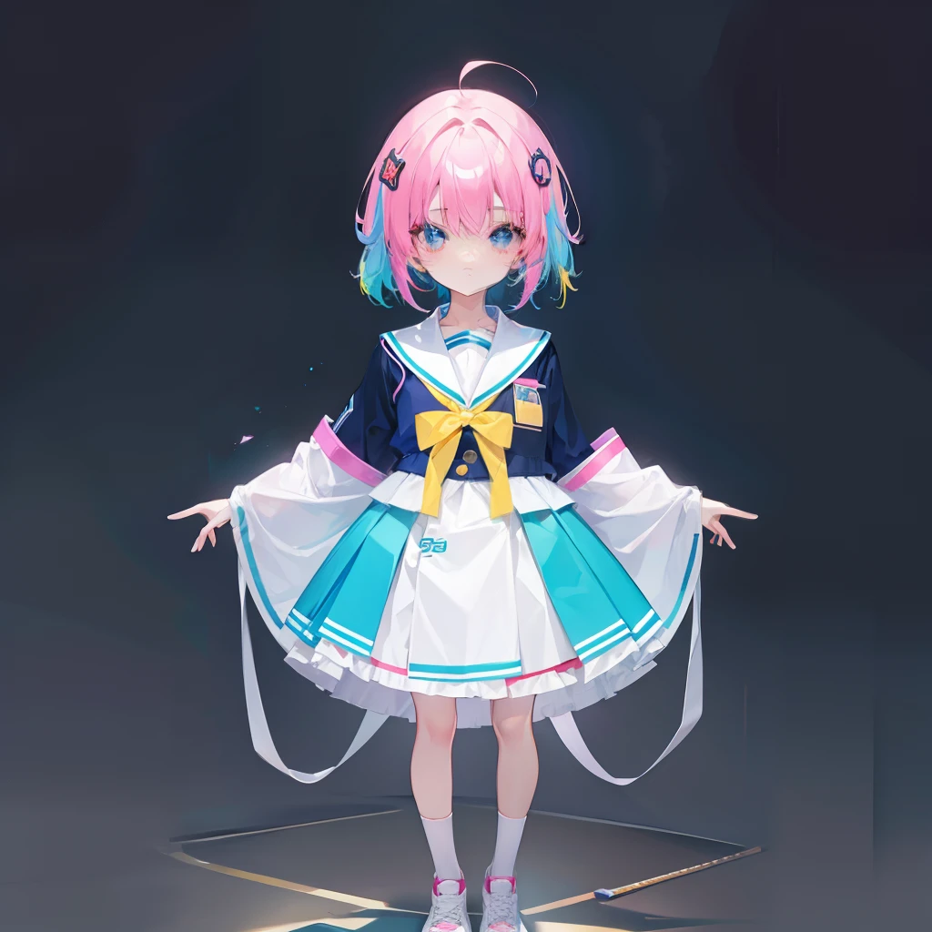 Colorful and fluorescent hair，Wearing the uniform of a Korean high school girl，It is a cute and cute little loli