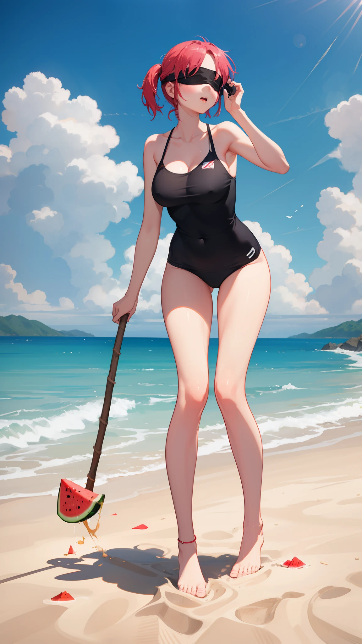 Blindfolded woman enjoying watermelon cracking on beach, standing, staring at watermelon on ground, woman holds thick stick in hand and swings it high, high definition, high accuracy, high quality, high resolution, 8k, superb quality