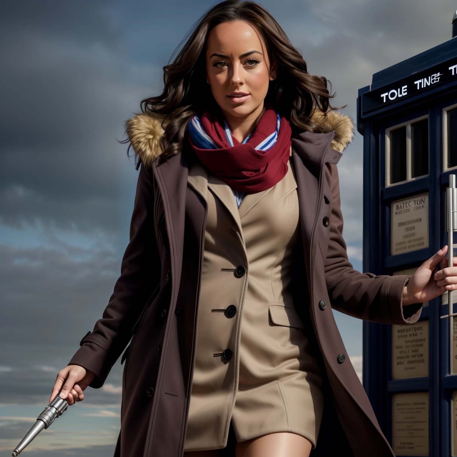 Detailed top half body shot of Lindsey Strutt dressed as Doctor Who, long curly hair, fully clothed, long open coat, scarf, windswept hair, The Doctor, lens glare, sonic screwdriver in hand