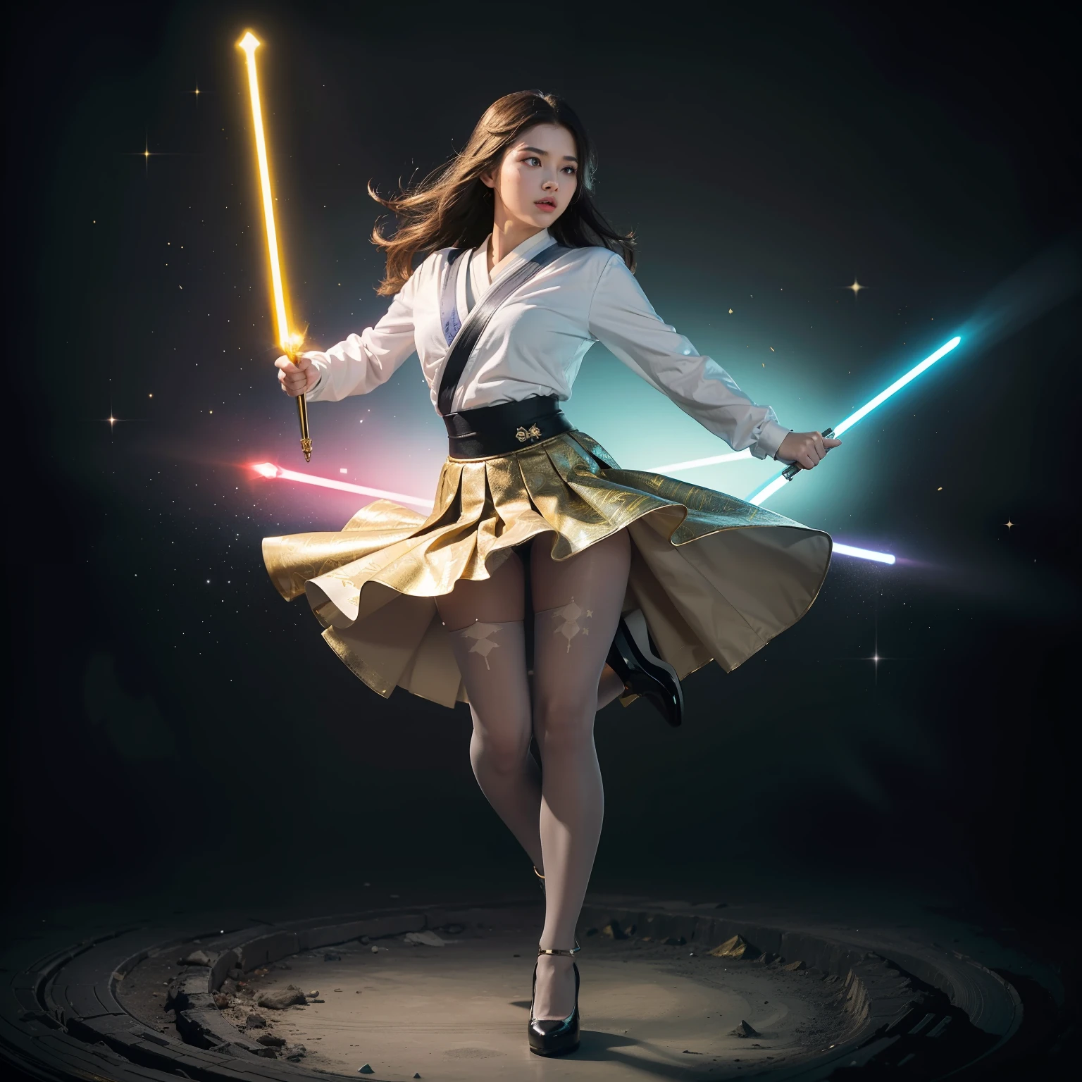 (full body:1.5),(1girl:1.3),(view the viewer:1.4),(anatomy correct:1.45),(Dancing on high mountain peaks:1.3),(very thick printed pantyhose:1.4),( A woman Wear printed fantasy Star Wars Set JK student uniform pleated skirt and uniform pointed high-heeled leather shoes :1.35), (Full body covered with a large amount of gold and crystal decoration:1.3), (Light particle effect:1.3),(In pink | amarelo | blue colors| green color |red color | white colors| black in color| purplish color| greys| Beige| Flesh color 1.4),(Glowing eyes:1.3),(Large amplitude action: 1.3),(Accurate and perfect face:1.4),hyper HD, Ray traching, reflective light,structurally correct, Award-Awarded, high detail, lighten shade contrast, Face lighting,cinmatic lighting, tmasterpiece, super detailing, high quality, high detail, best quality, 16k,High contrast,