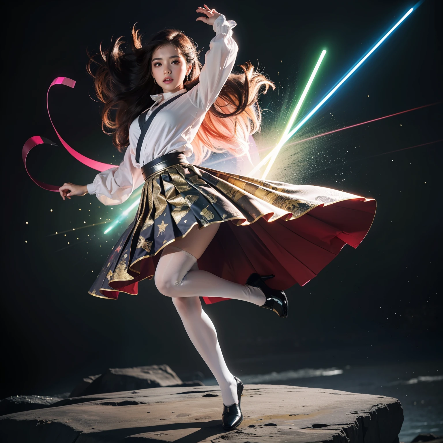 (full body:1.5)，(1girl:1.3),(view the viewer:1.4)，(anatomy correct:1.45),(Dancing on high mountain peaks:1.3),(very thick printed pantyhose:1.4),( A woman Wear printed fantasy Star Wars Set JK student uniform pleated skirt and uniform pointed high-heeled leather shoes  :1.35), (Full body covered with a large amount of gold and crystal decoration:1.3)， (Light particle effect:1.3),(In pink | amarelo | blue colors| green color |red color | white colors| black in color| purplish color| greys| Beige| Flesh color 1.4)，(Glowing eyes:1.3),(Large amplitude action: 1.3)，(Accurate and perfect face:1.4),hyper HD, Ray traching, reflective light，structurally correct, Award-Awarded, high detail, lighten shade contrast, Face lighting，cinmatic lighting, tmasterpiece, super detailing, high quality, high detail, best quality, 16k，High contrast,