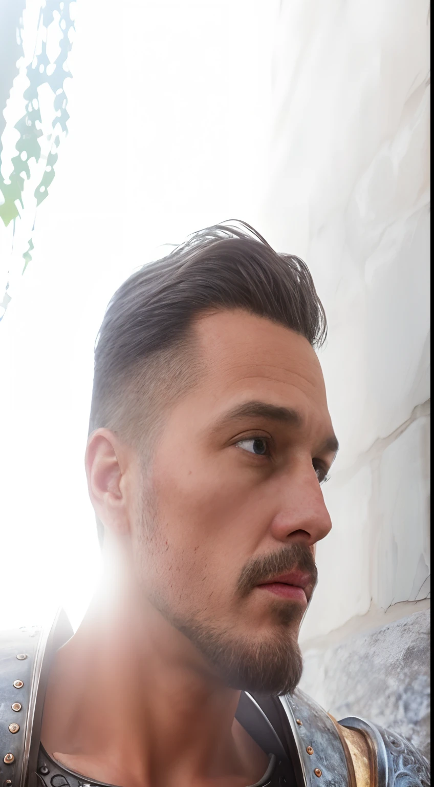 photorealistic, top quality, masterpiece, cinematic composition, slow motion, (medium shot of a medieval knight, sombre and weathered face, beard, grey hair:1.2), chain mail and plate armour, (realistic and detailed|intricate armour:1.1), (visible face:1.3), (photorealistic physiognomy|eyes|iris|skin|musculature, detailed skin, skin texture, natural skin), (holding a sword in his hand:1. 2), frontal perspective, imposing and determined pose, looking forward with determination, skin imperfections, natural skin wrinkles, natural skin spots, highly detailed clothes, abundant details, intricate details, realistic wrinkles in clothing, medieval fantasy landscape, cloudy sky, castle in the background in the distance, radiant lighting, deep shadows, dramatic scene, dark and cool colour palette, blue and grey tones, No other characters in the scene, abundant detail|intricate, detailed landscape, volumetric lighting, (detailed lighting), (detailed light reflections on armour:1. 1), 8k, highly detailed, UHD, HDR, photorealistic facial expression|hairstyle