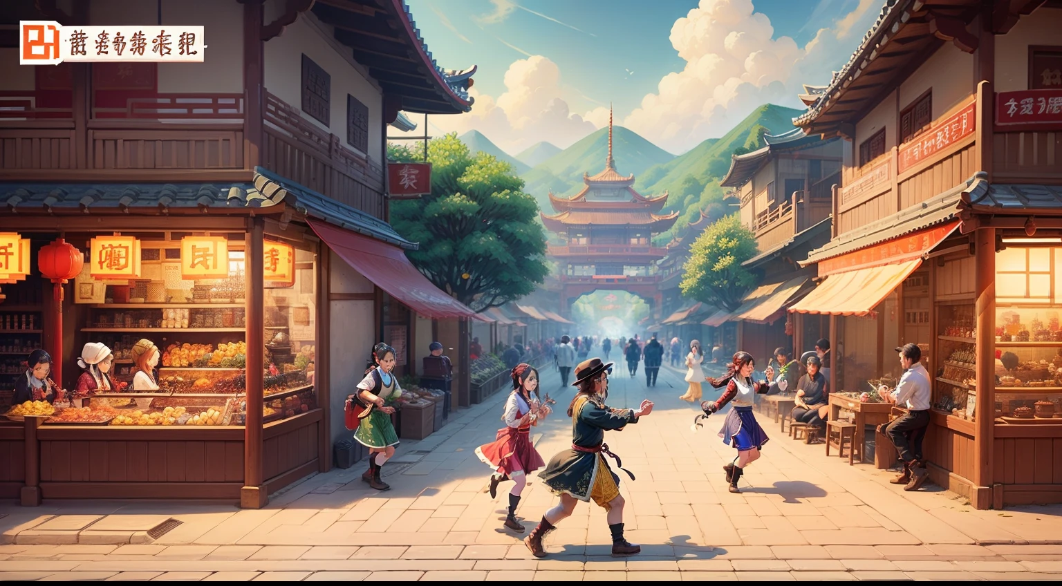 pixelart、Cover image、Stardew Valley language、The world of traditional Chinese martial arts，Paint a picture of a bustling and lively street，The streets are full of traffic，The crowd is surging。