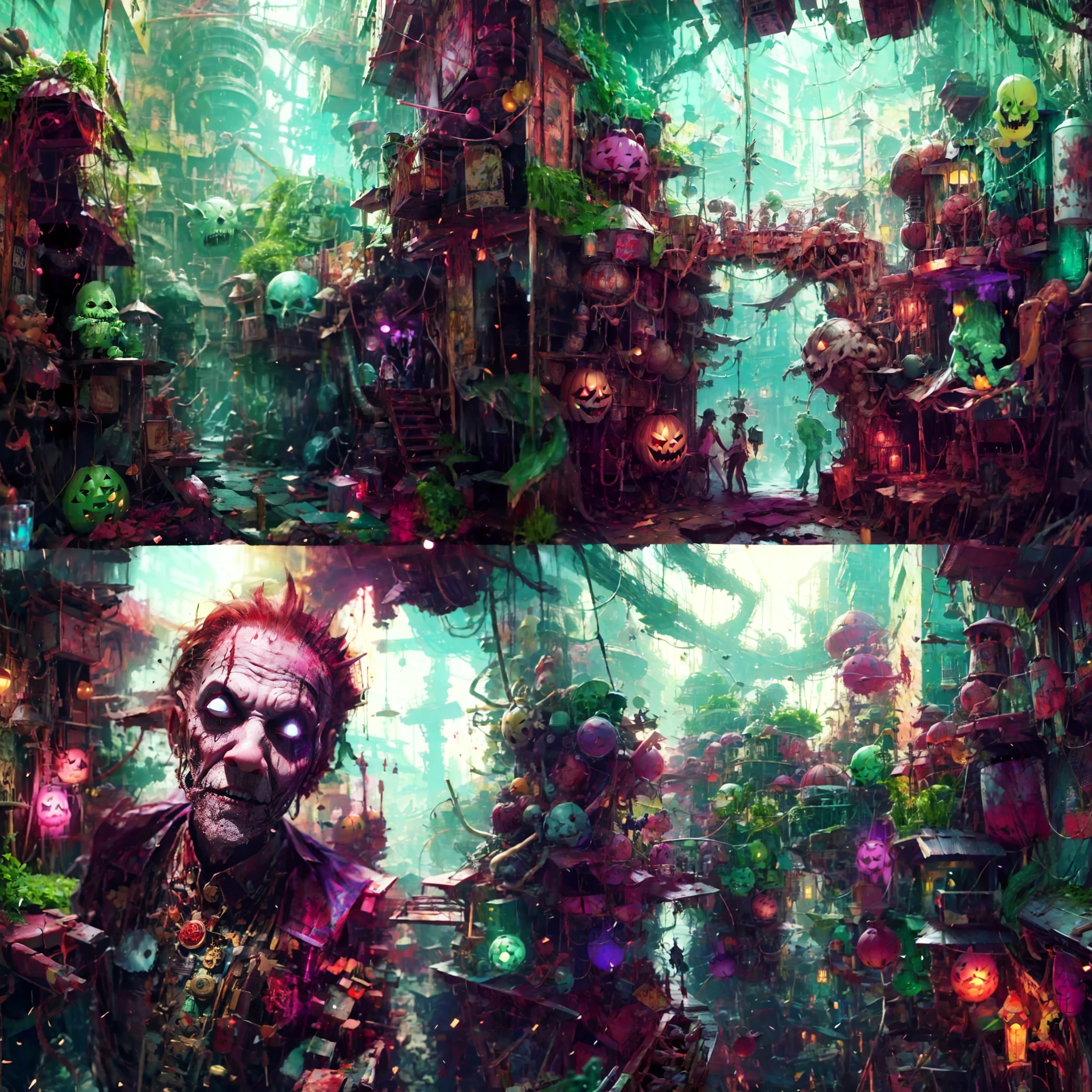 arte de terror, Funk, Best quality, Masterpiece, 超高分辨率,halloween night，In horrible places, Damp, Abandoned underwater hospital，There are a lot of spooky clowns and zombies，Spooky dolls and angry vampires, Creepy, unnerving, unnerving, Terrifying, 80mm, horror lighting, Dynamic action
