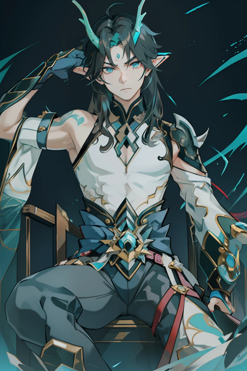 (absurderes,A high resolution,Hyper-detailing,hdr),Dragon's horn,younge boy,tmasterpiece,best qualtiy,1人,独奏,Handsome,Golden eyes,Fine eyes and detailed face,toppless,Tattooed with,arma,seated on a throne,pervert smirk,Abs,chest muscle,Raised sexy,Ruffian,Show your temperament,Male,masculine appeal,Male characteristics are distinct,Long messy hair,Arrogant self-confidence,Sit majestically on the throne with your legs crossed